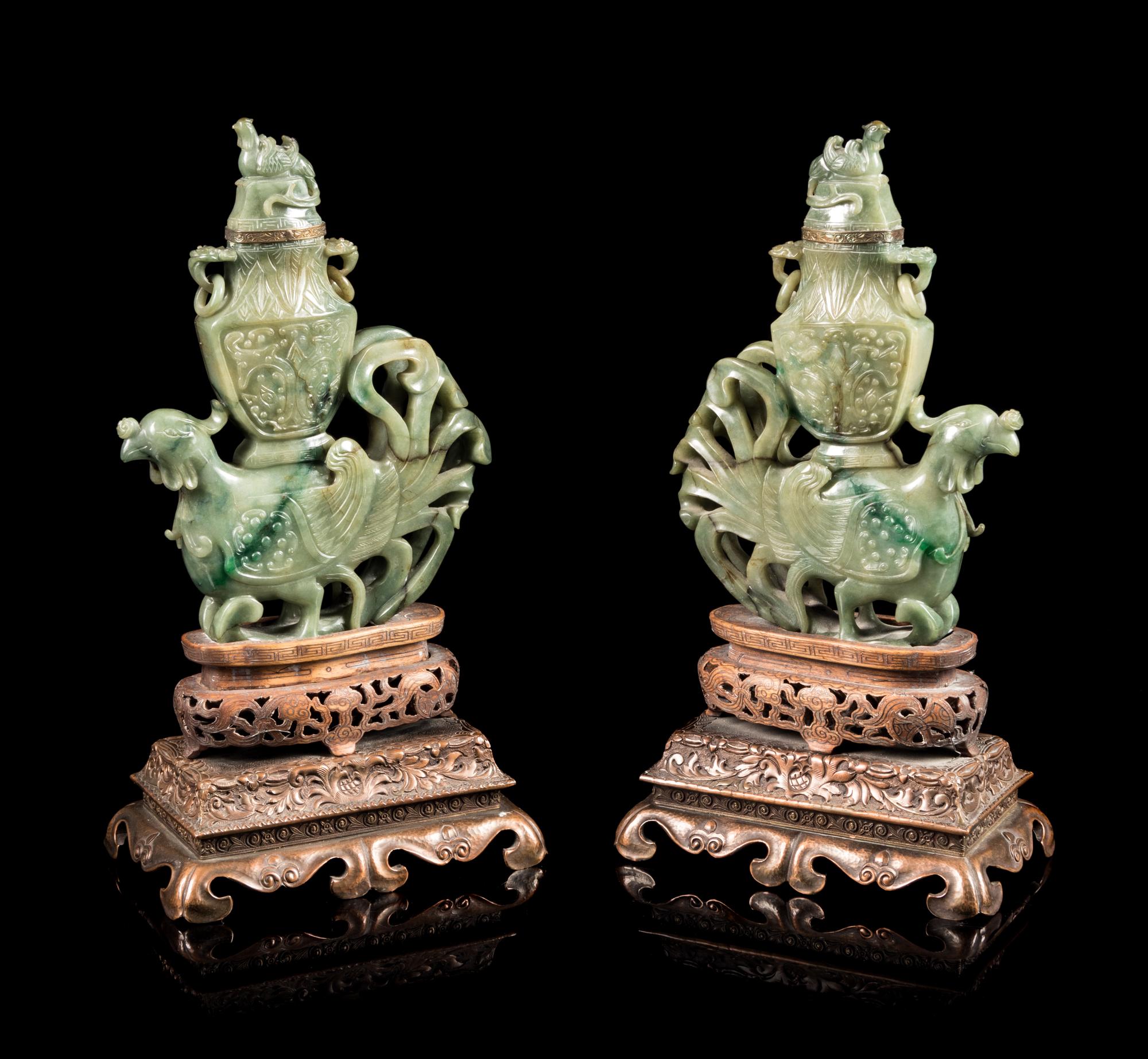 A Pair of Carved Celadon Jade Animal-Form Covered Vessels Height of each 12 1/2 inches. — 20TH CENTURY
