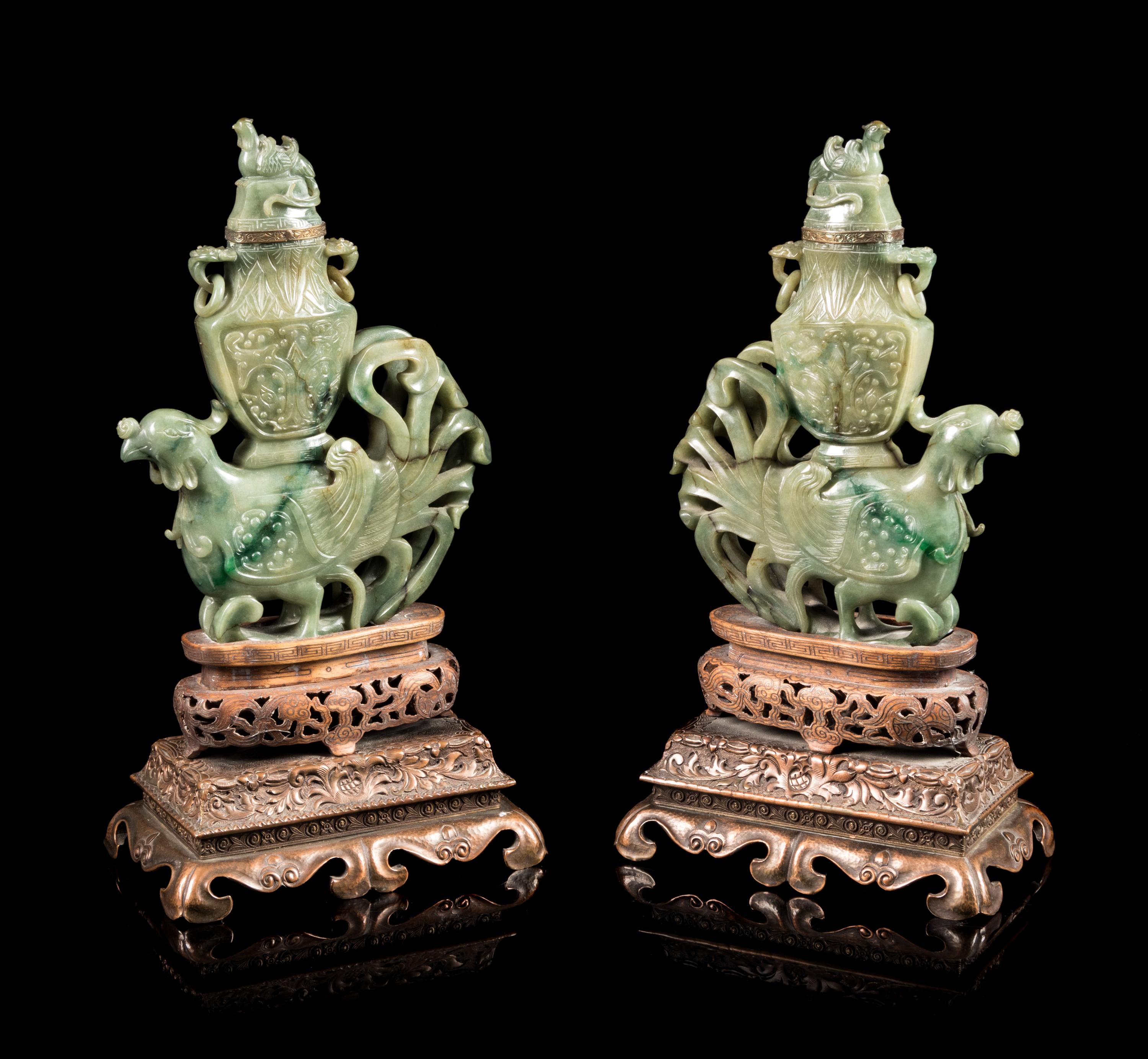 A Pair of Carved Celadon Jade Animal-Form Covered Vessels Height of each 12 1/2 inches. — 20TH CENTURY