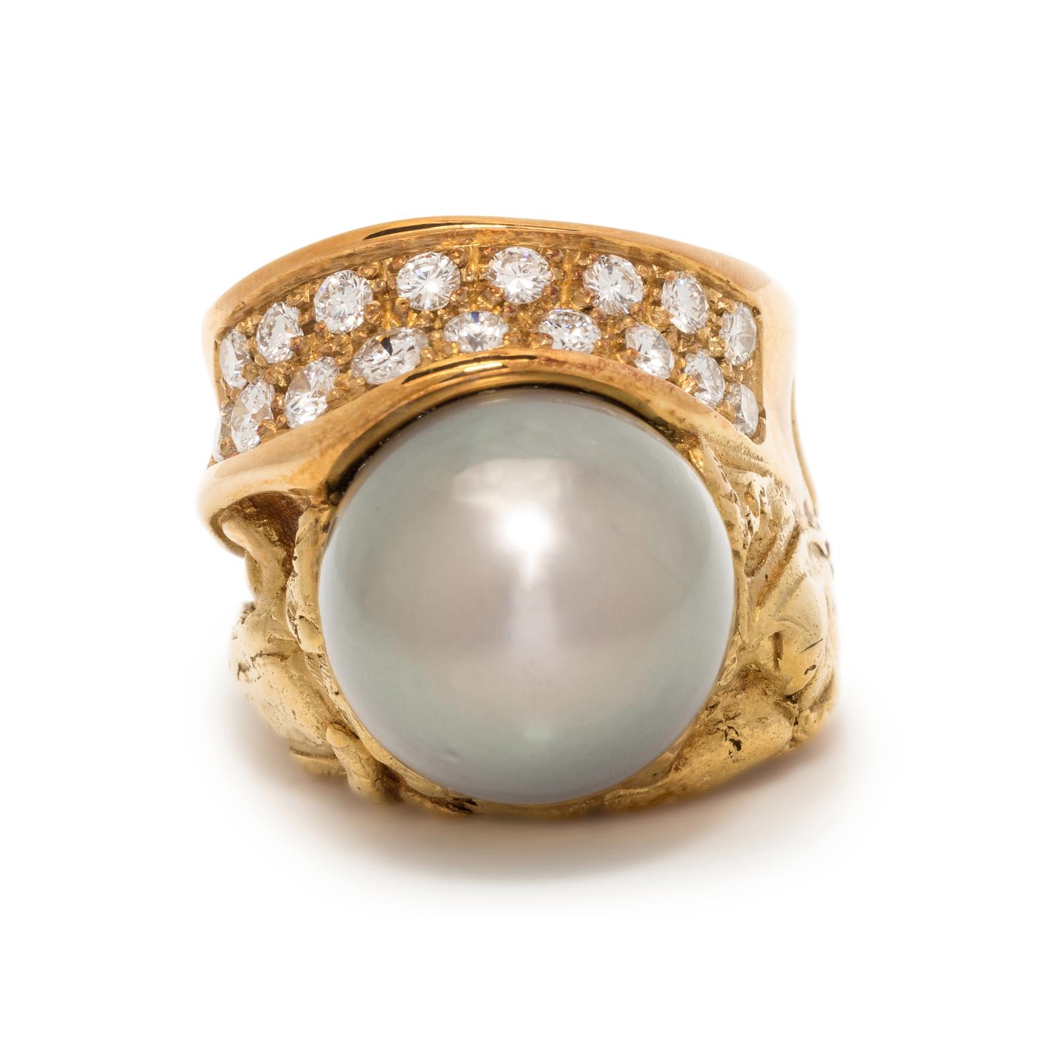 MISANI, CULTURED TAHITIAN PEARL AND DIAMOND RING