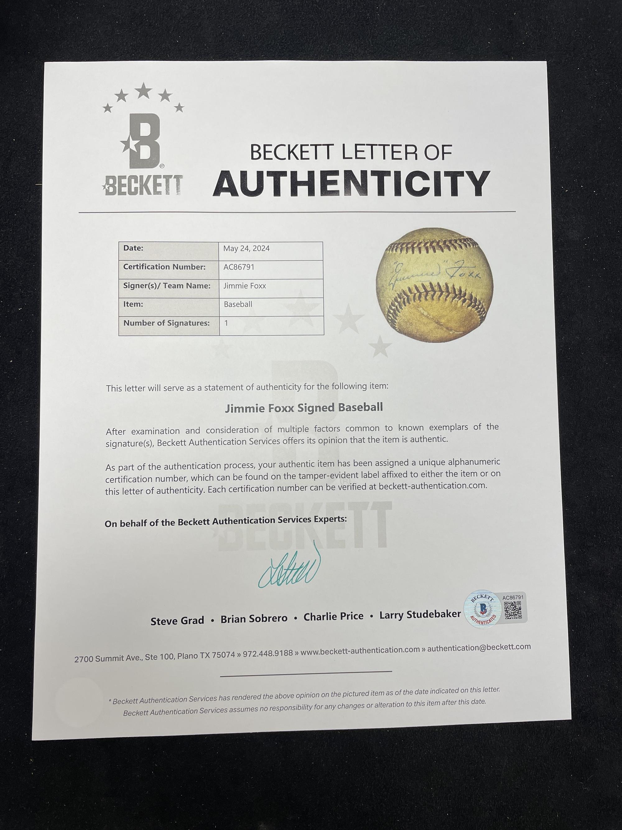 A Jimmie Foxx Single Signed Autograph Baseball (Beckett Authentication Services)
