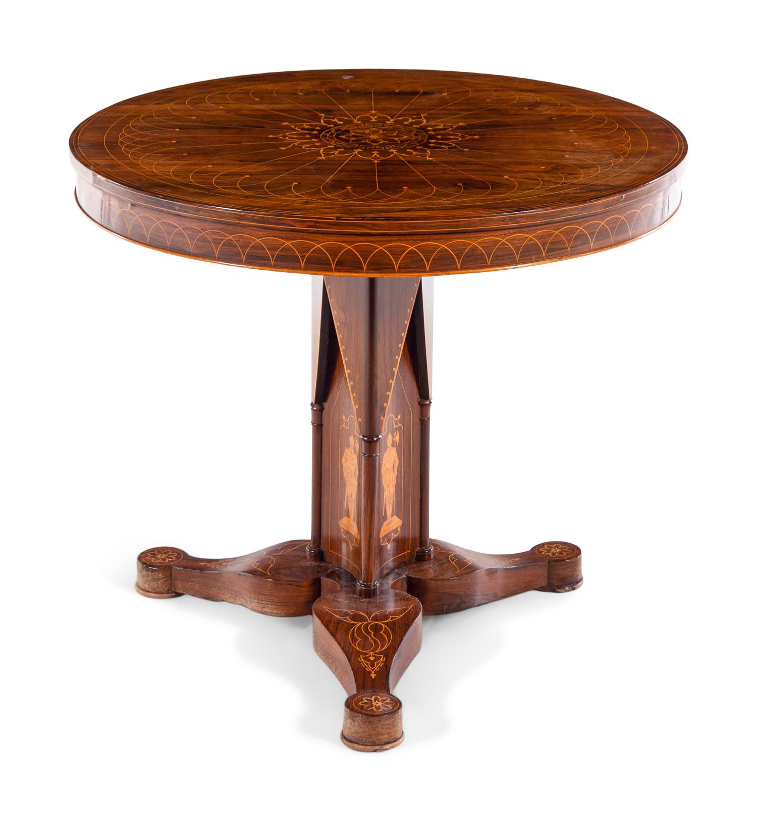 A Charles X Line Inlaid Rosewood Center Table with Marquetry Depicting Suits of Armor