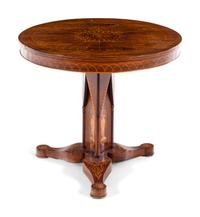 A Charles X Line Inlaid Rosewood Center Table with Marquetry Depicting Suits of Armor