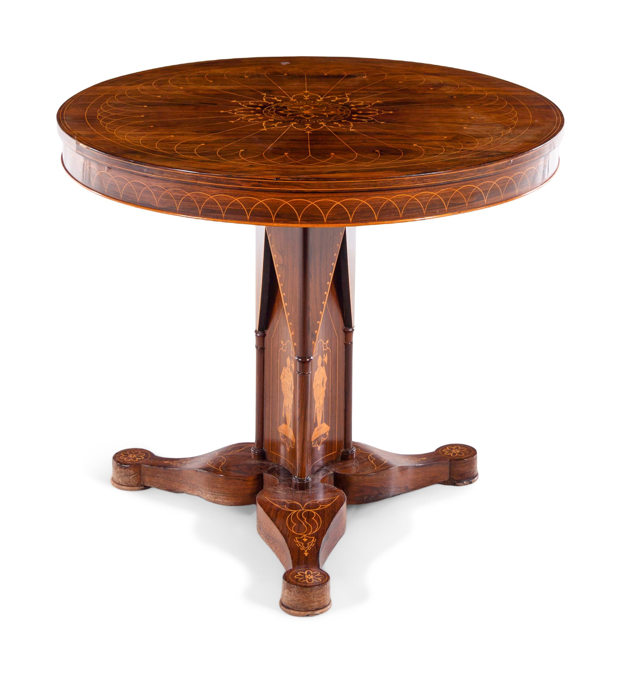 A Charles X Line Inlaid Rosewood Center Table with Marquetry Depicting Suits of Armor