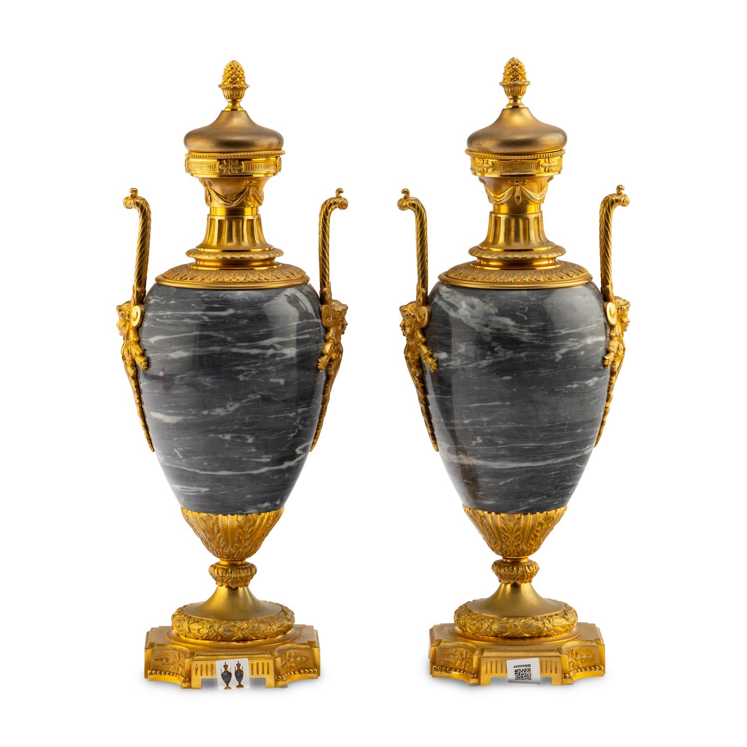 A Pair of Louis XVI Style Gilt Bronze Mounted Marble Urns