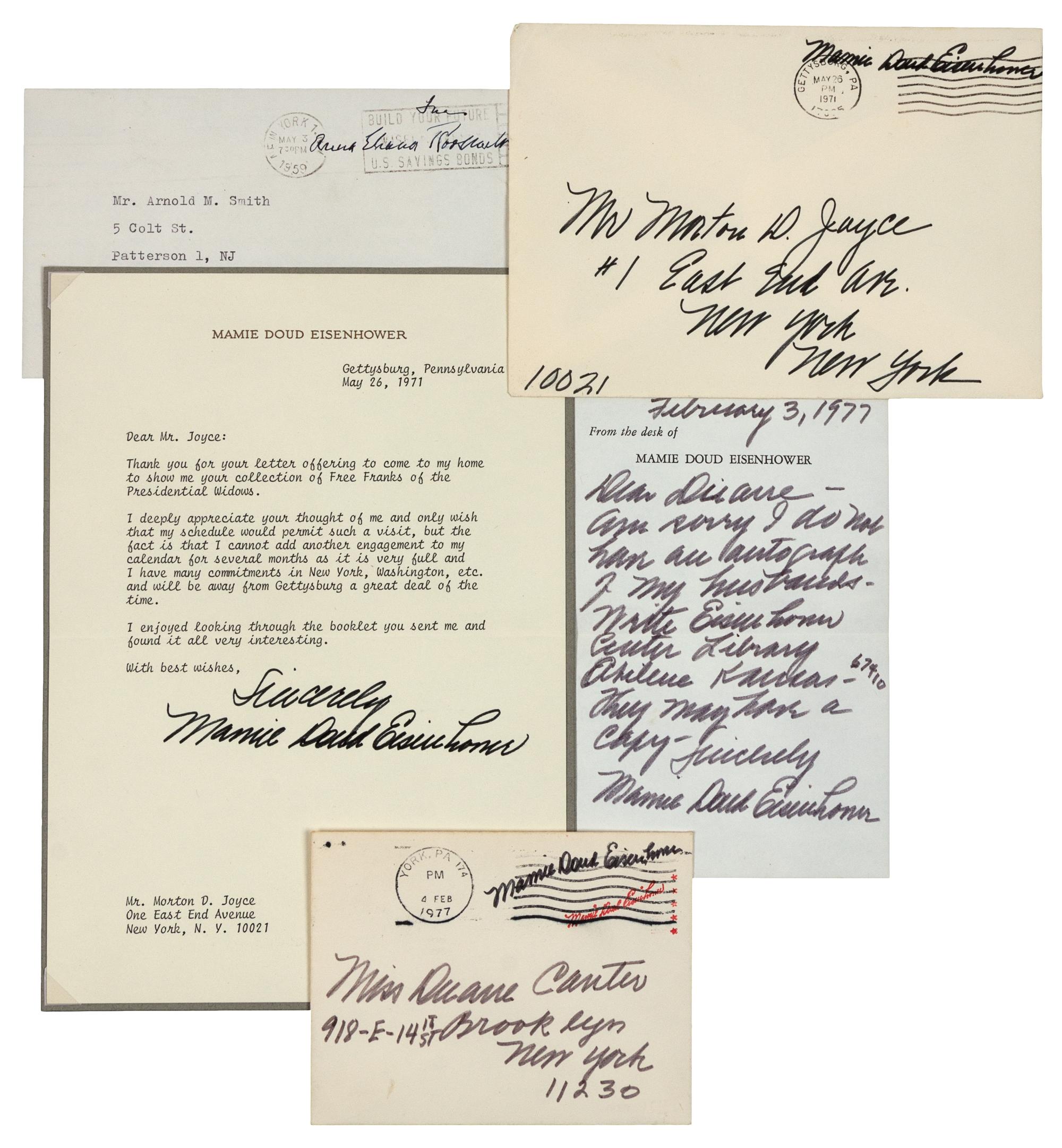 [FIRST LADY FREE FRANKS]. A group of autograph free franks and autographs by Mamie Geneva Eisenhower (1896-1979), Eleanor Roosevelt (1884-1945), and Bess Truman (1885-1982), comprising: