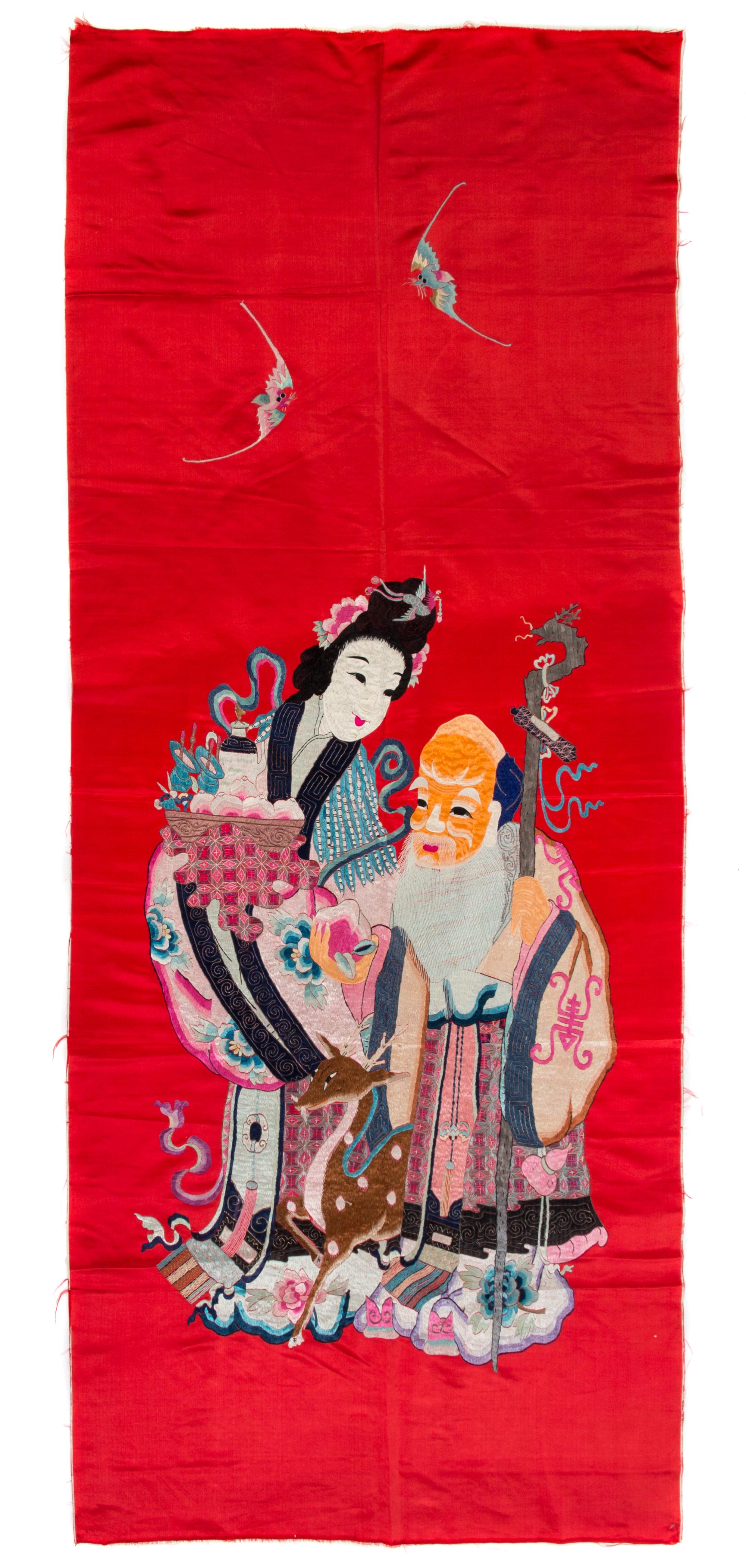 A Chinese Embroidered Silk Panel 84 x 36 1/2 inches.
