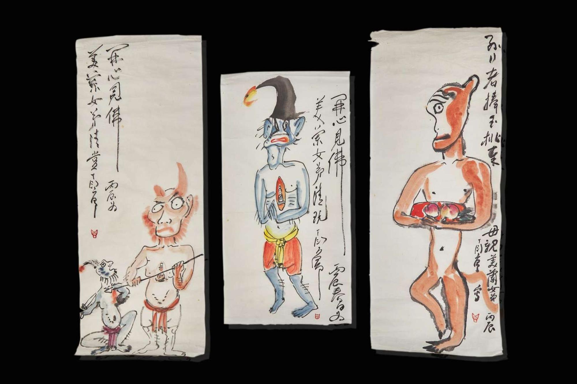 Ding Yanyong (Chinese, 1902-1978), Zhongkui and Demon; Monkey with Peaches; Demon: three works, 1976 丁衍庸（中國，1902-1978）一組三幅；鐘馗打鬼，猴子摘桃，小鬼，丙辰年 1976
