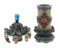 A Chinese Jade Inset Enamel on Silver Incense Burner
