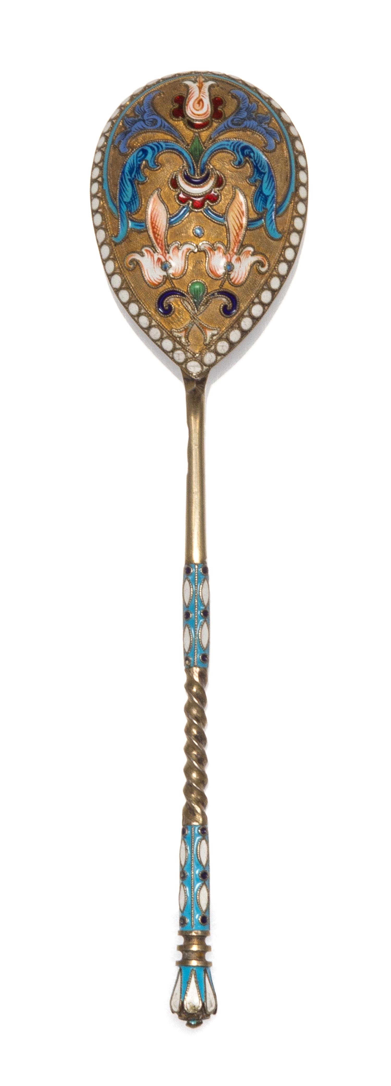 A Russian Silver-Gilt and Enamel Spoon, Mark of Vasiili Agafonov, Moscow, late 19th/early 20th century, having an enameled finial on a