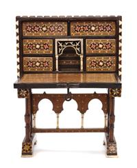A Spanish Ivory and Parquetry Inlaid Miniature Vargueno, Height 11 3/4 x width 8 3/4 inches.