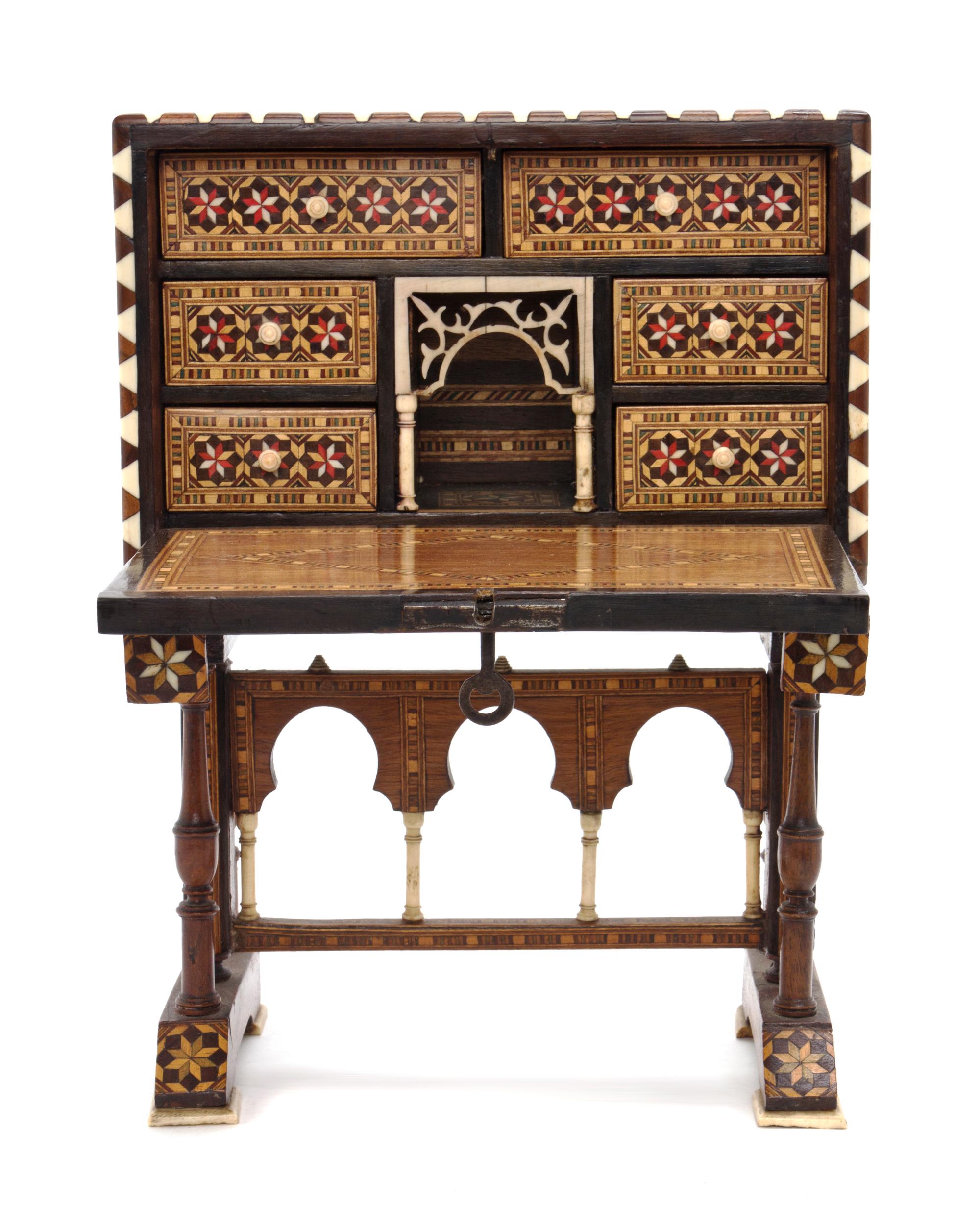 A Spanish Ivory and Parquetry Inlaid Miniature Vargueno, Height 11 3/4 x width 8 3/4 inches.