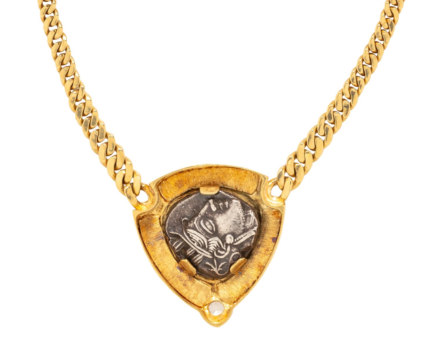 YELLOW GOLD, GREEK COIN AND DIAMOND NECKLACE
