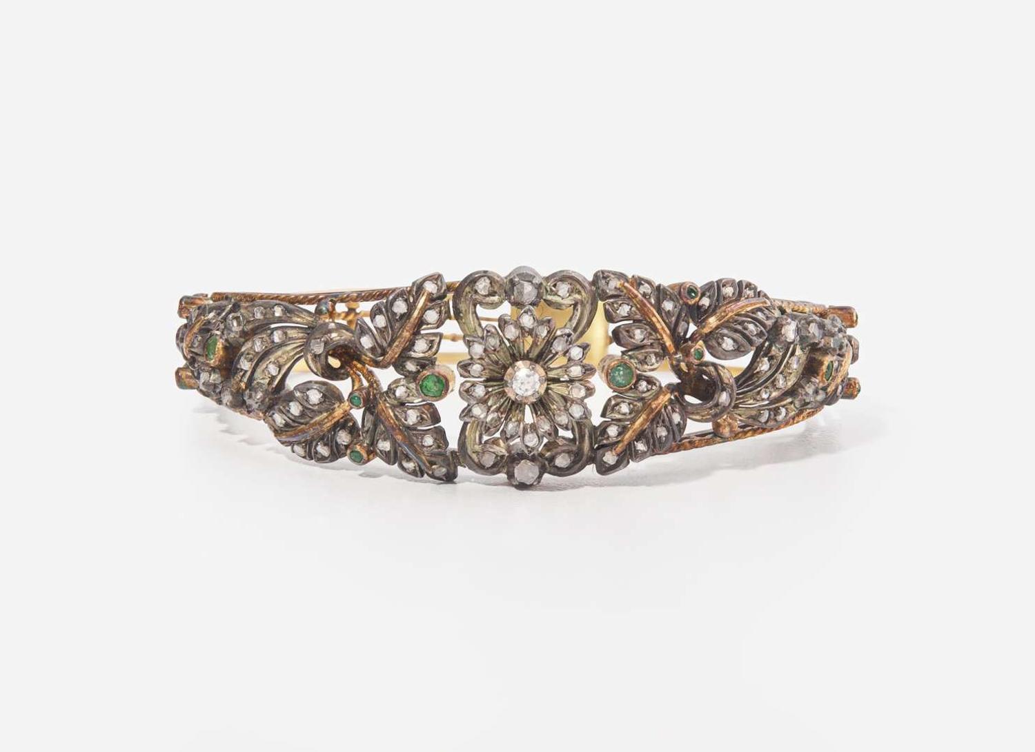 A Silver-Topped Yellow Gold, Diamond, and Emerald Bracelet