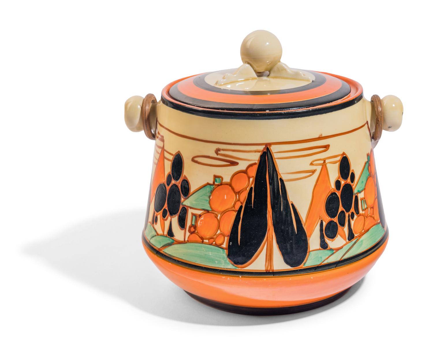 Orange Trees & House Biscuit Jar with Woven Handle Fantasque Series