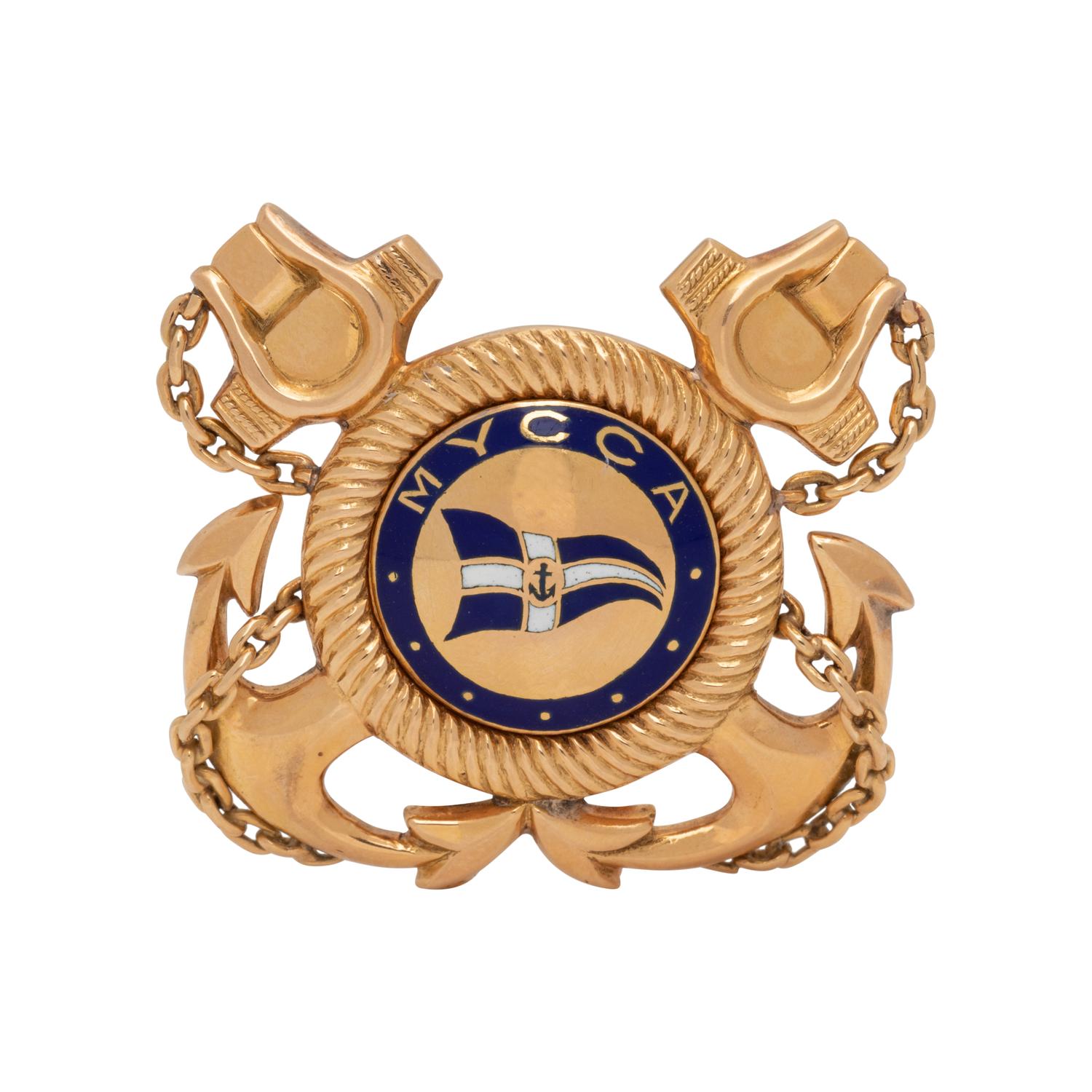 LACLOCHE, YELLOW GOLD AND ENAMEL BROOCH