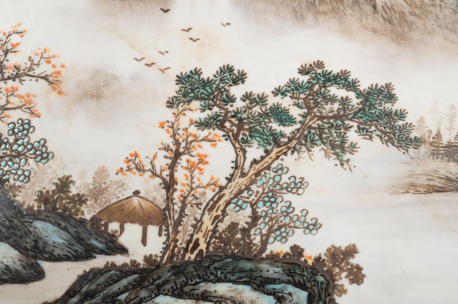 A Chinese Painted Porcelain Inset Carved Hardwood Table Screen