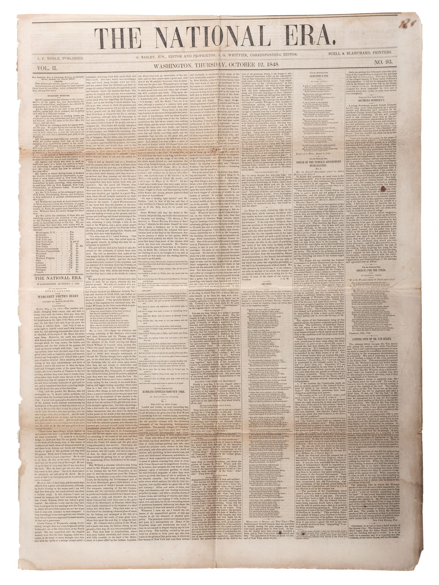 [SLAVERY & ABOLITION]. A group of 4 issues of the anti-slavery paper, The National Era . Washington, DC: American and Foreign Anti-Slavery Society, 1848.