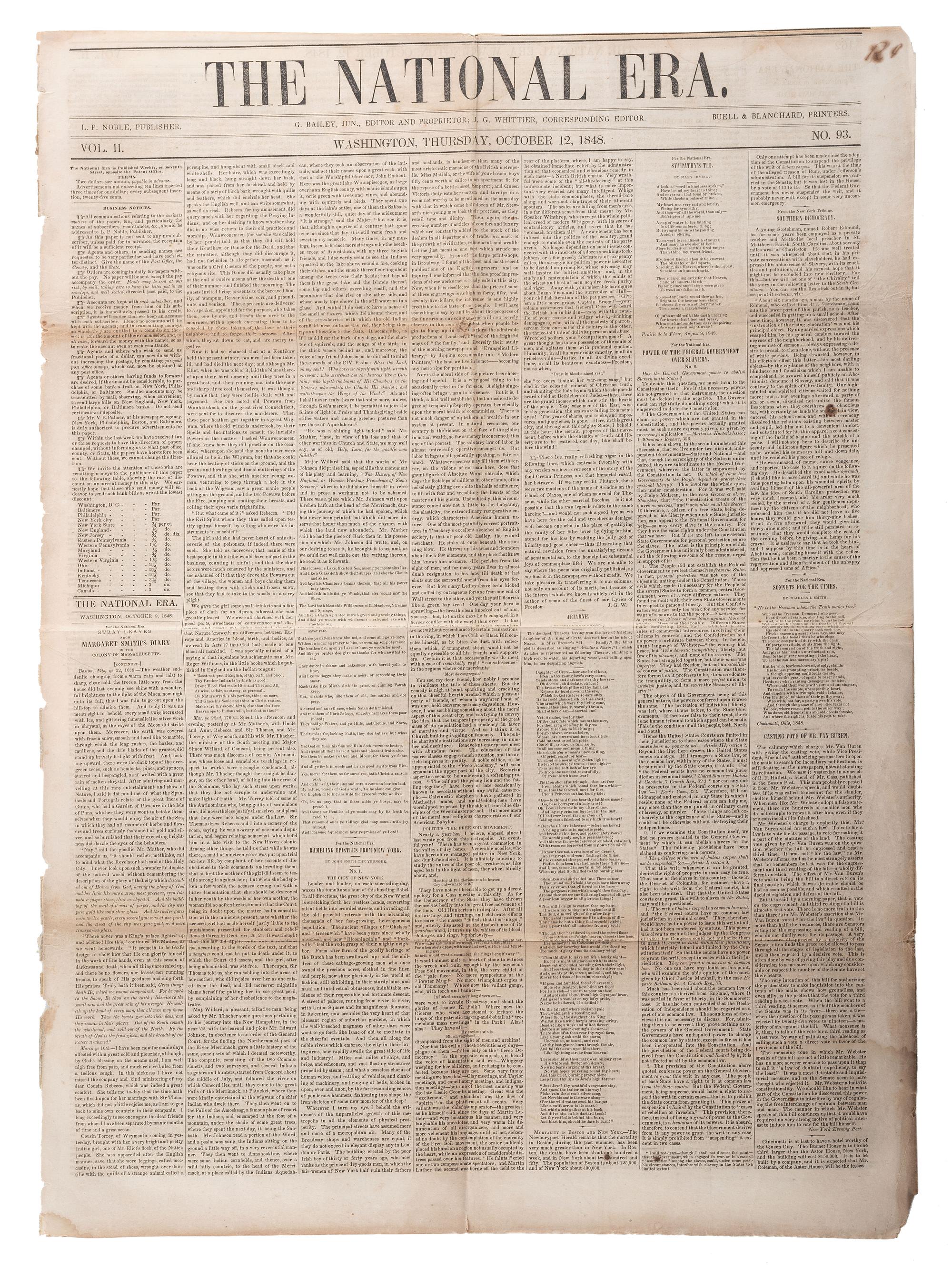 [SLAVERY & ABOLITION]. A group of 4 issues of the anti-slavery paper, The National Era . Washington, DC: American and Foreign Anti-Slavery Society, 1848.