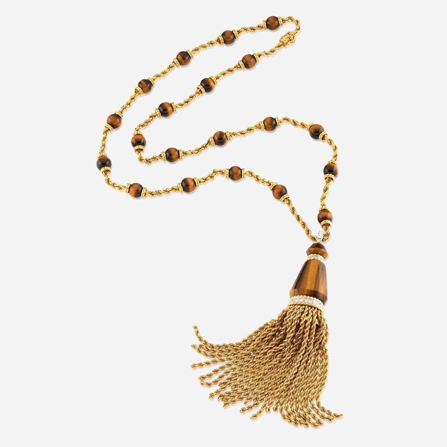 A gold, tiger's eye quartz, and diamond sautoir, Kutchinsky c. 1971