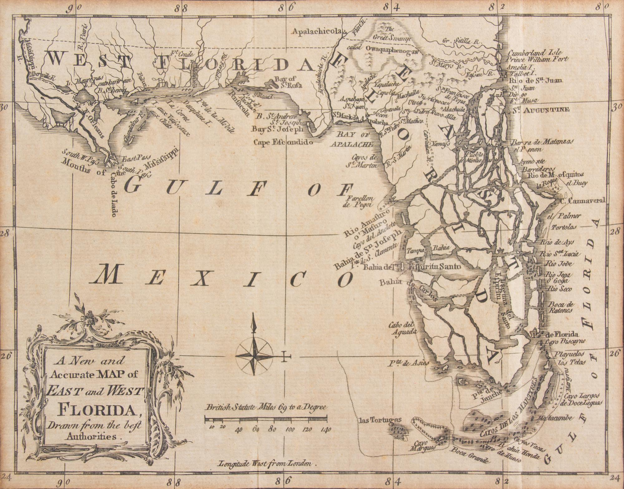 A New and Accurate Map of East and West Florida Drawn from the Authorities, 1768 Image: 6 3/4 x 8 5/8 inches. — ENGLISH, 18TH CENTURY
