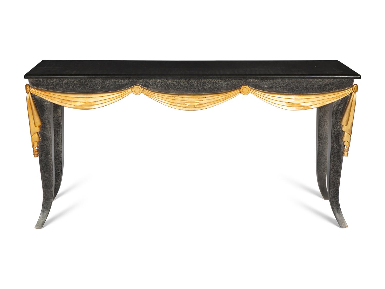 An Ebonized Console Table with Granite Top and Gilt Swag Motif