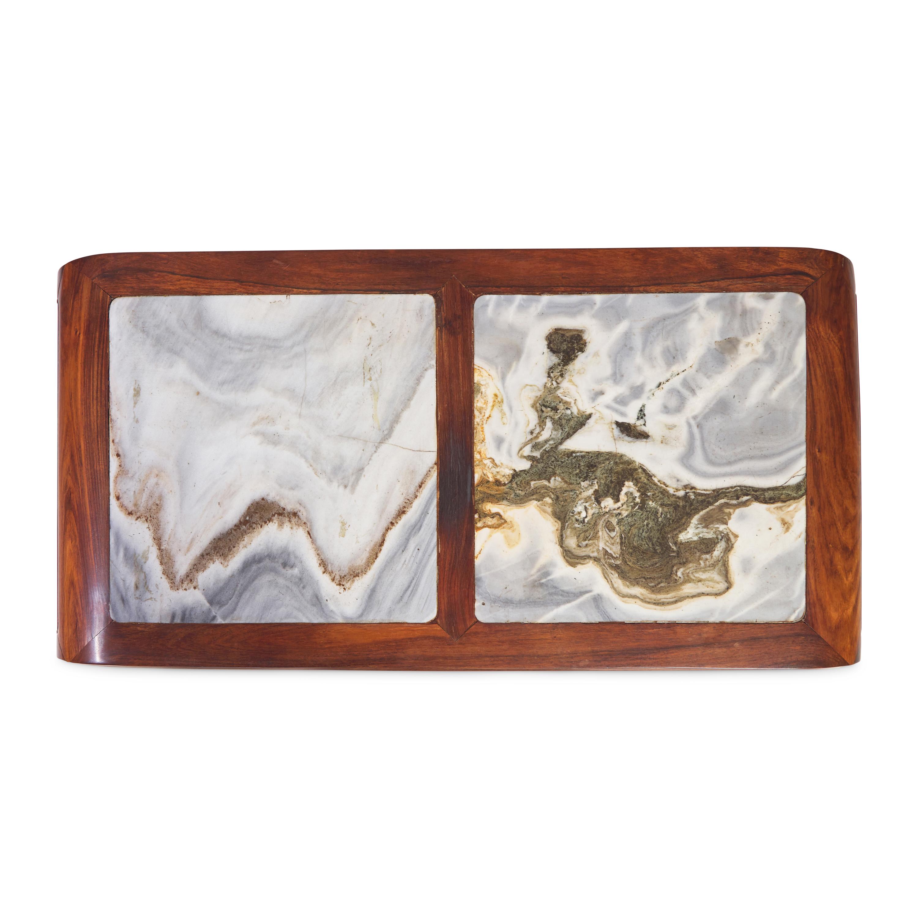 A Chinese Marble Inset Ironwood Game Table, 19th/Early 20th Century 清晚期 鐵力木嵌大理石書卷式條案