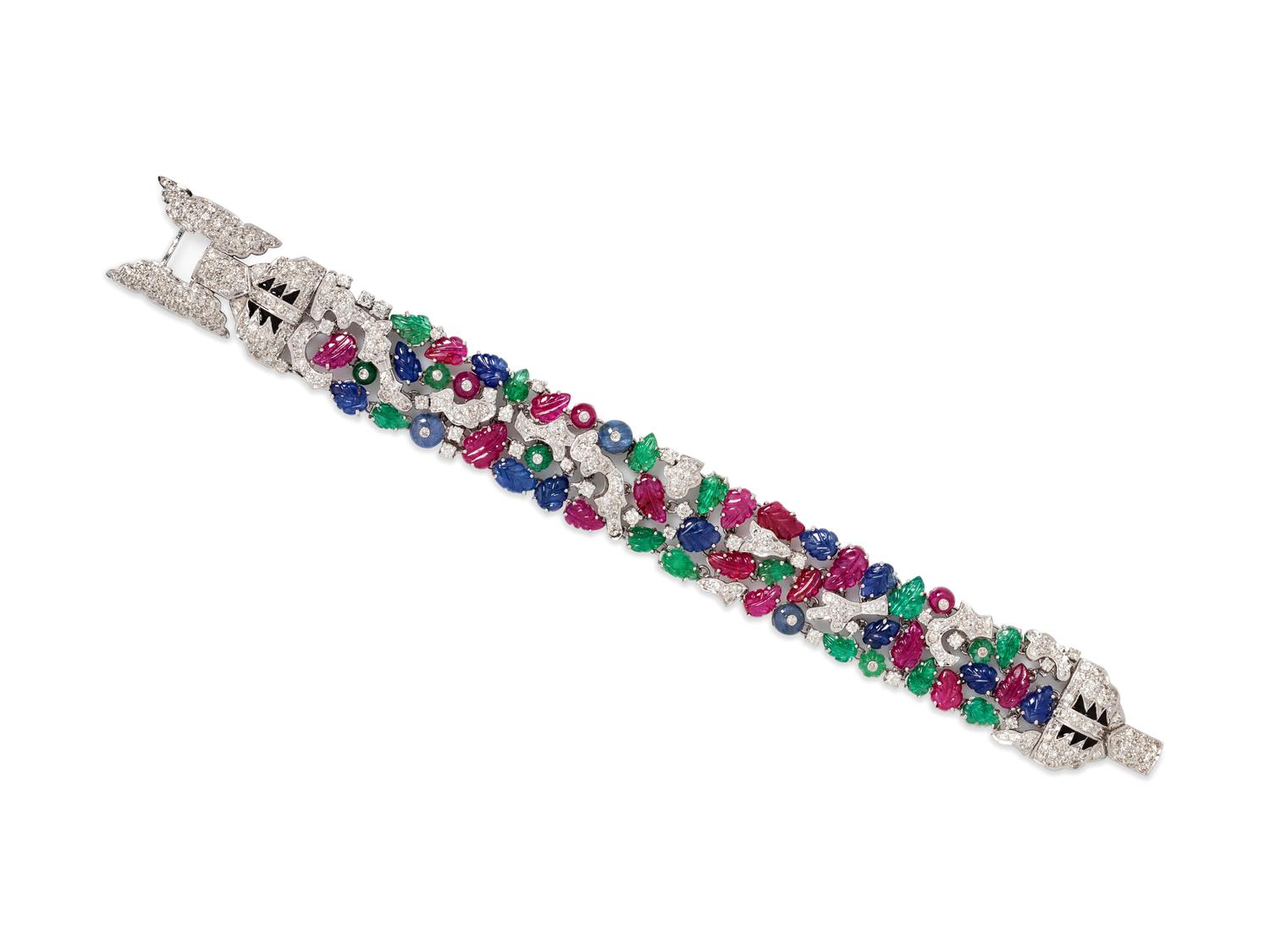 Diamond, Carved Emerald, Ruby and Sapphire Bracelet