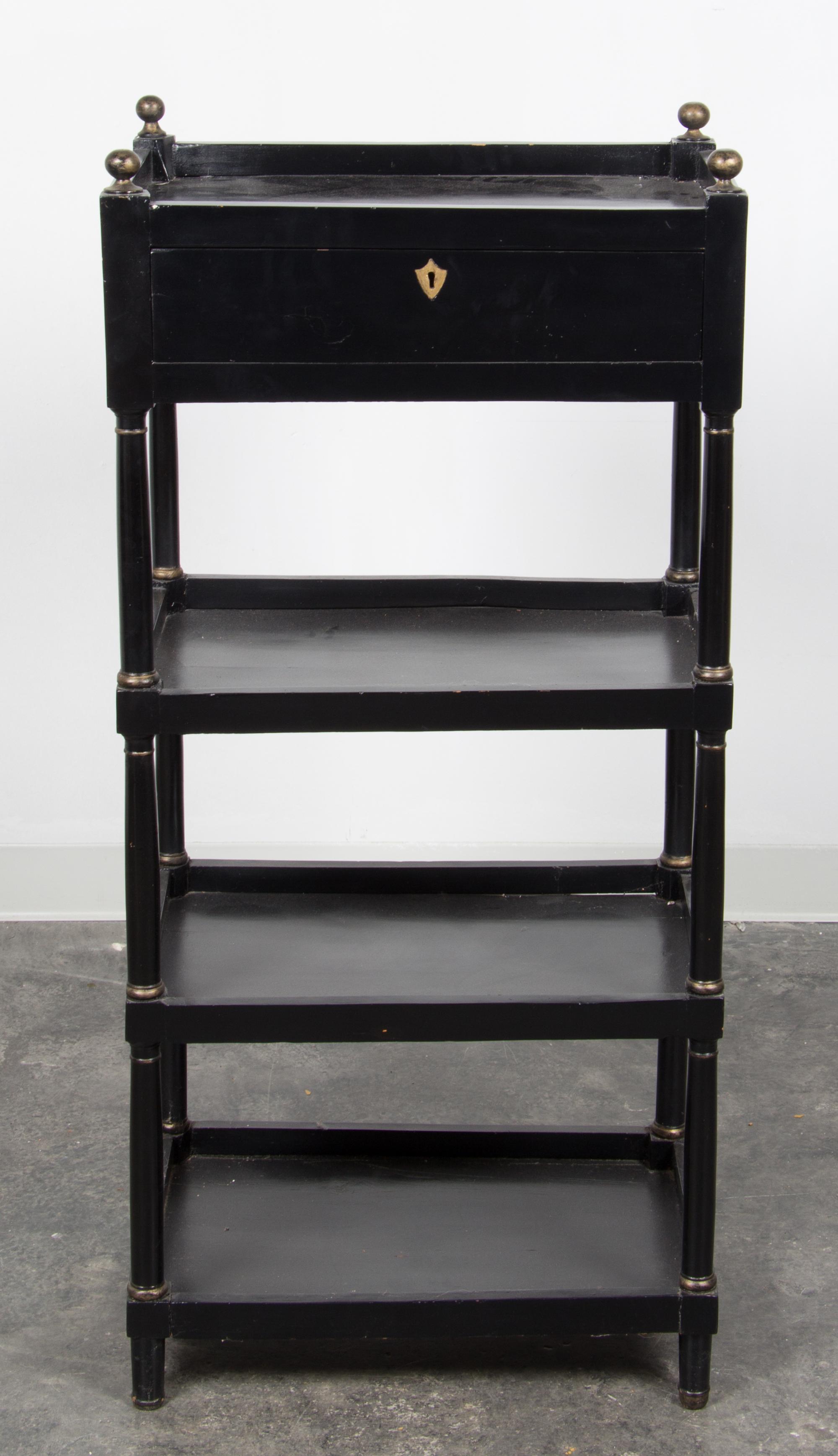 A Regency Style Ebonized Etagere Height 46 1/2 x width 21 1/2 x depth 14 1/2 inches. — 19TH/20TH CENTURY