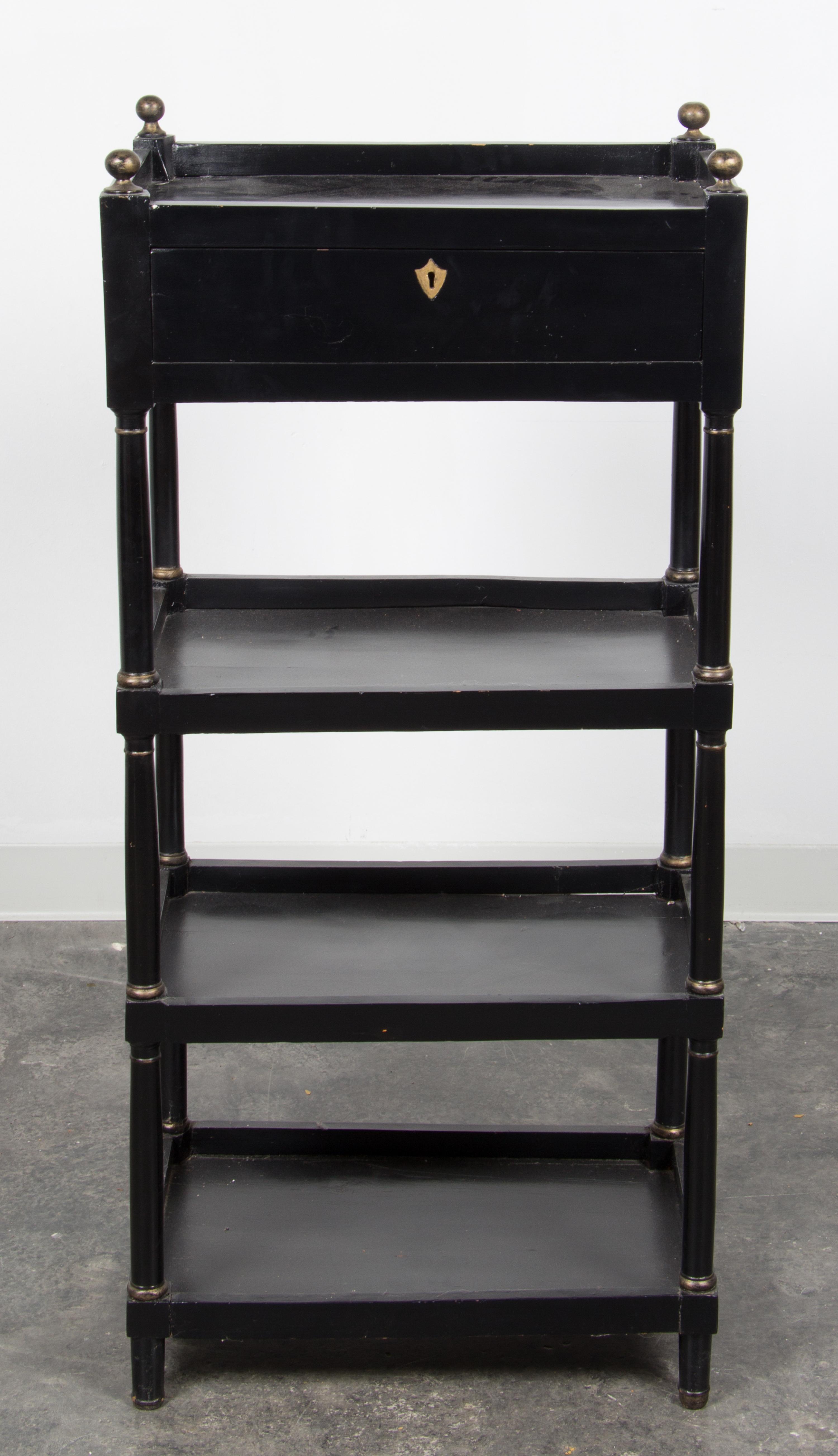 A Regency Style Ebonized Etagere Height 46 1/2 x width 21 1/2 x depth 14 1/2 inches. — 19TH/20TH CENTURY
