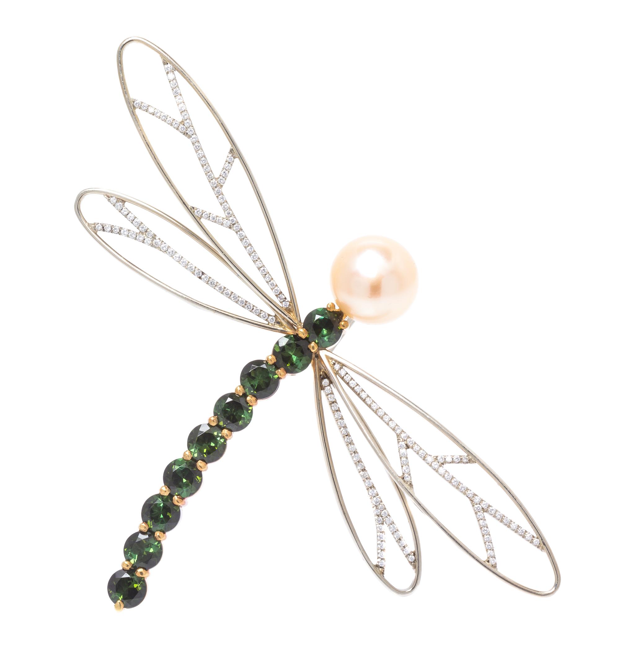 An 18 Karat Gold, Tourmaline, Cultured Pearl and Diamond Dragonfly Brooch, Gregore, 7.50 dwts.