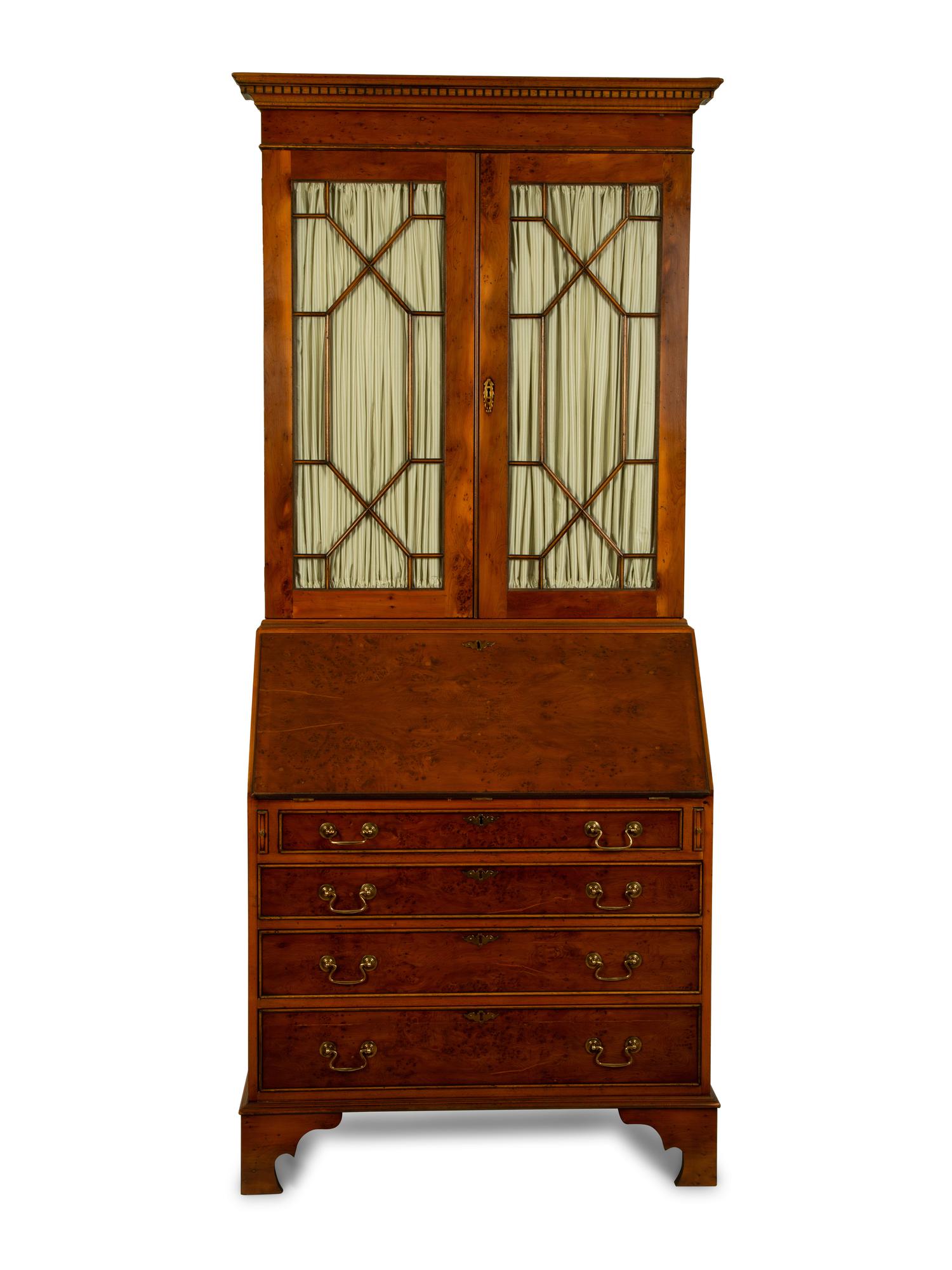 A George III Style Burlwood and Pine Secretary/Bookcase — 20TH CENTURY