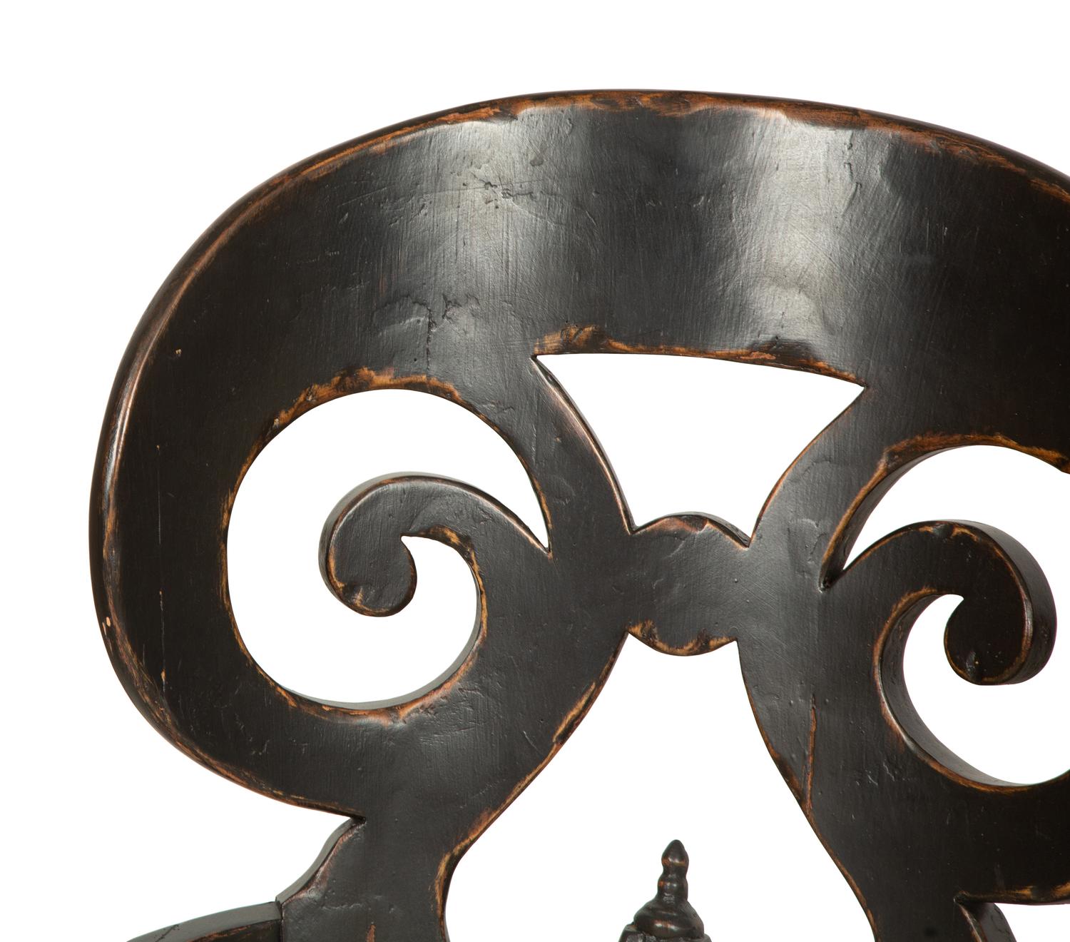 A Set of Six Continental Black Lacquer Scroll Back Armchairs