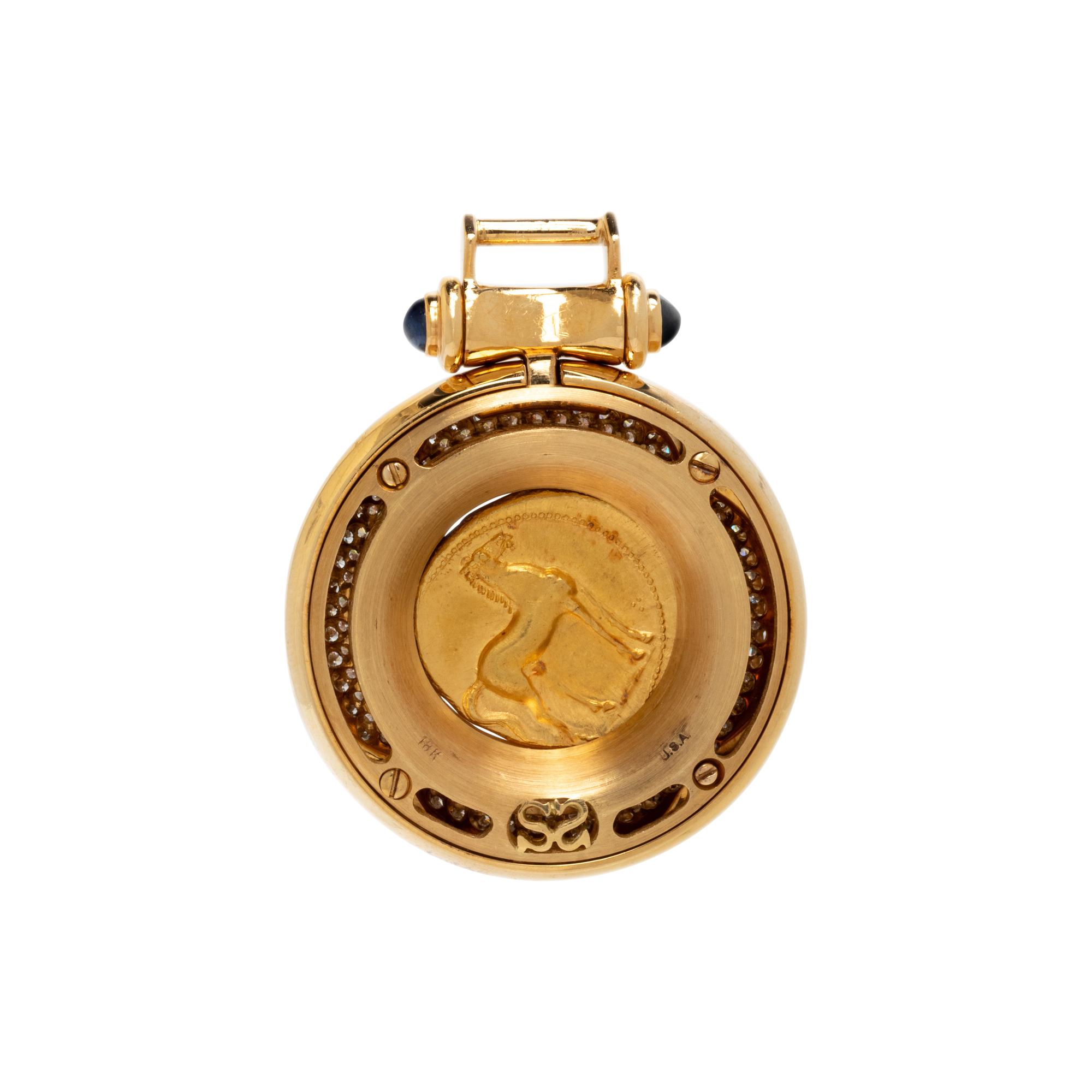 GOLD COIN, DIAMOND, AND SAPPHIRE PENDANT