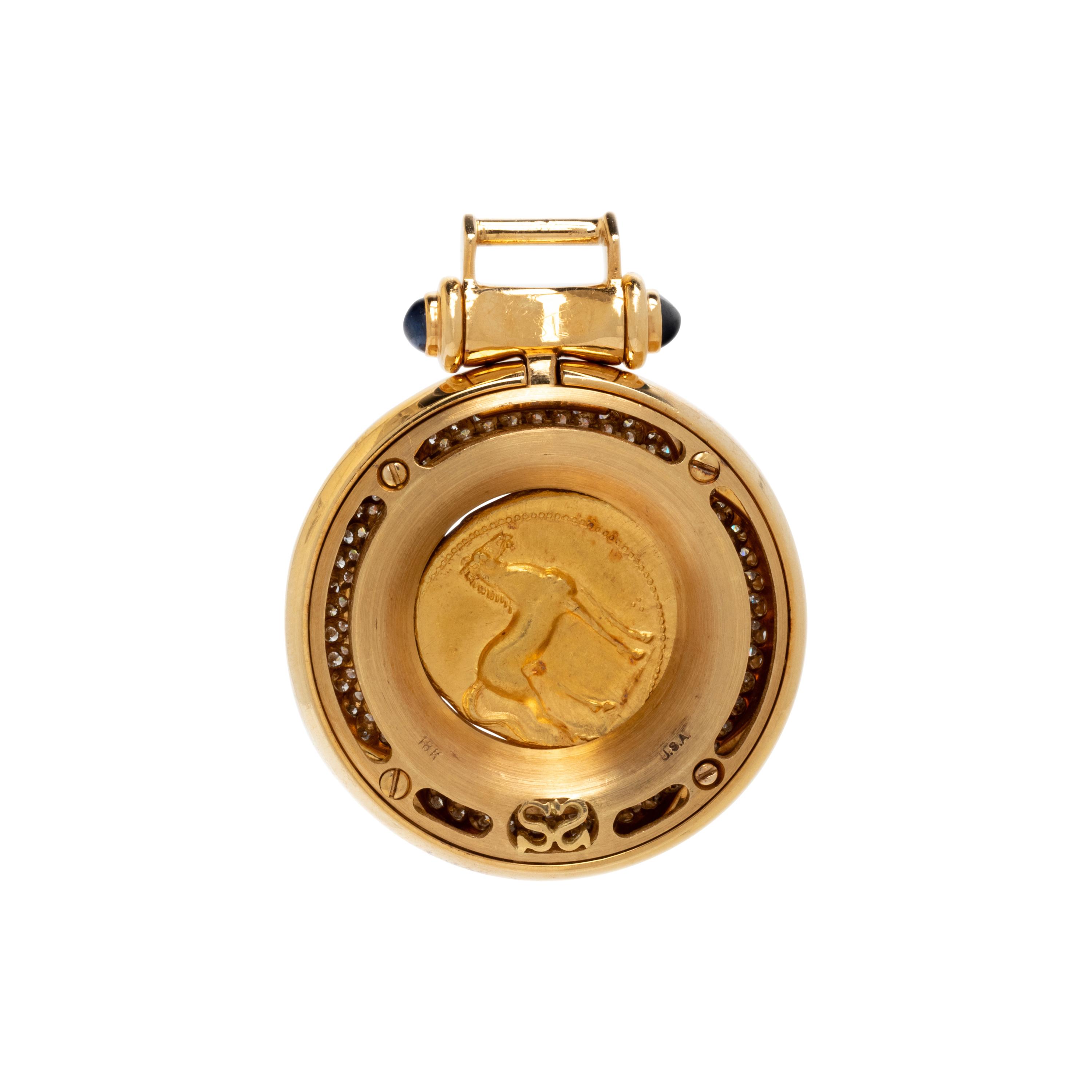 GOLD COIN, DIAMOND, AND SAPPHIRE PENDANT
