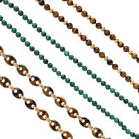 Two Tiger's Eye and Yellow Gold Beaded Necklaces, and One Malachite Beaded Necklace