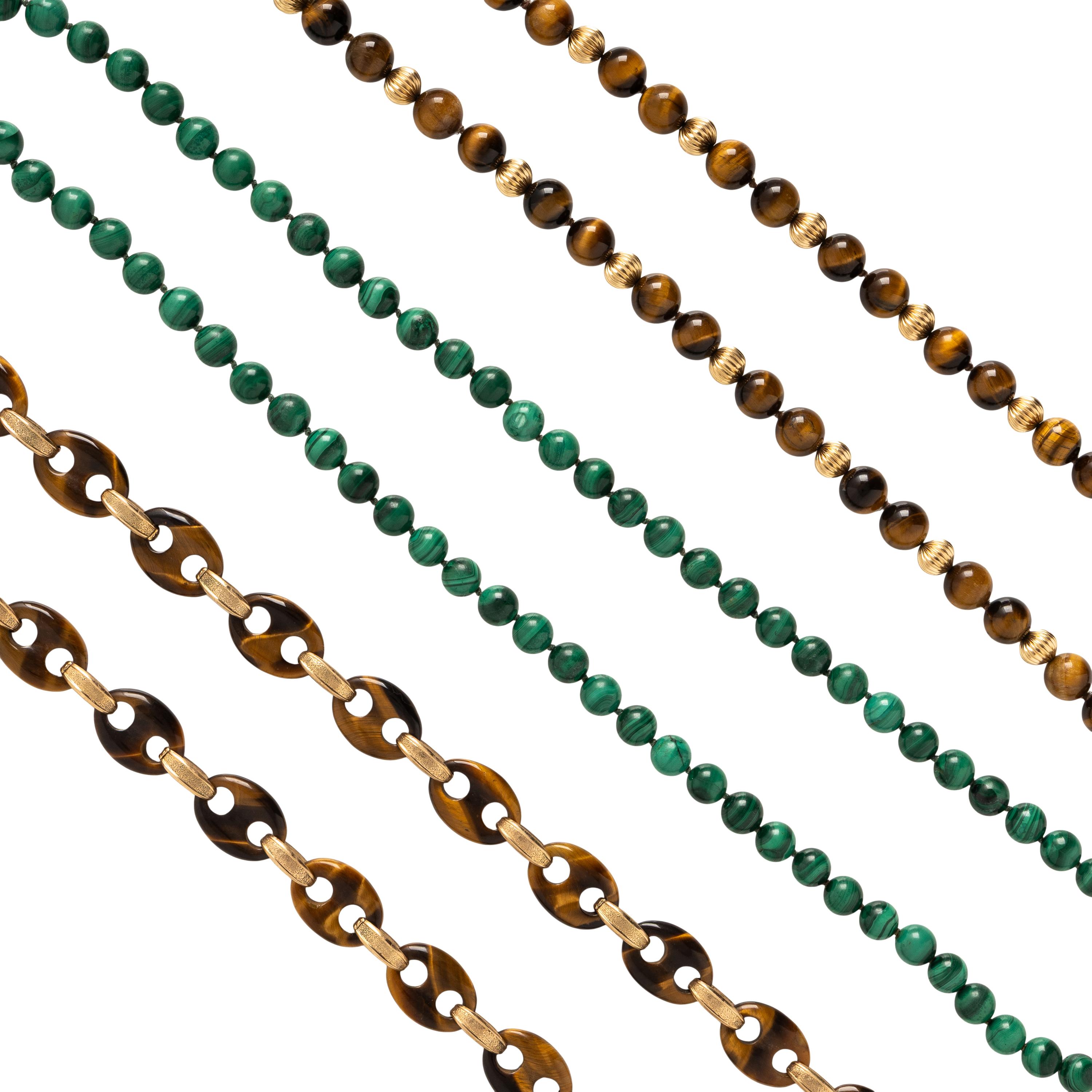 Two Tiger's Eye and Yellow Gold Beaded Necklaces, and One Malachite Beaded Necklace