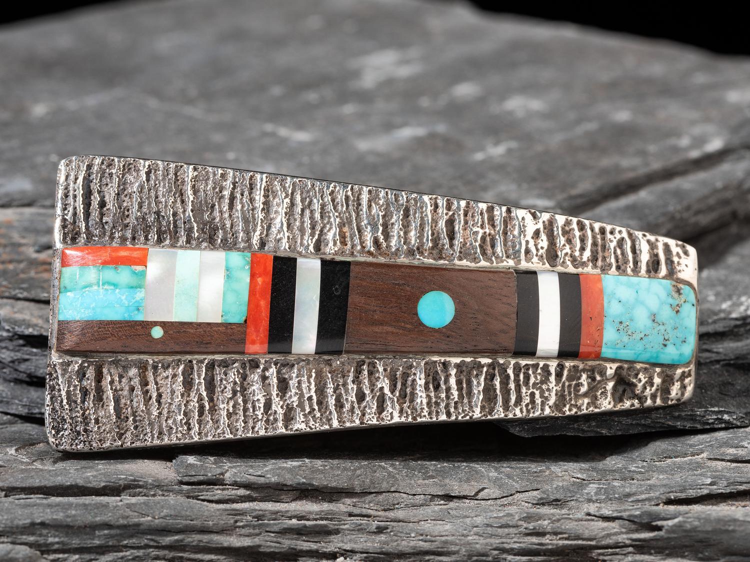 Tufa Cast Silver Belt buckle, with Mosaic Inlay