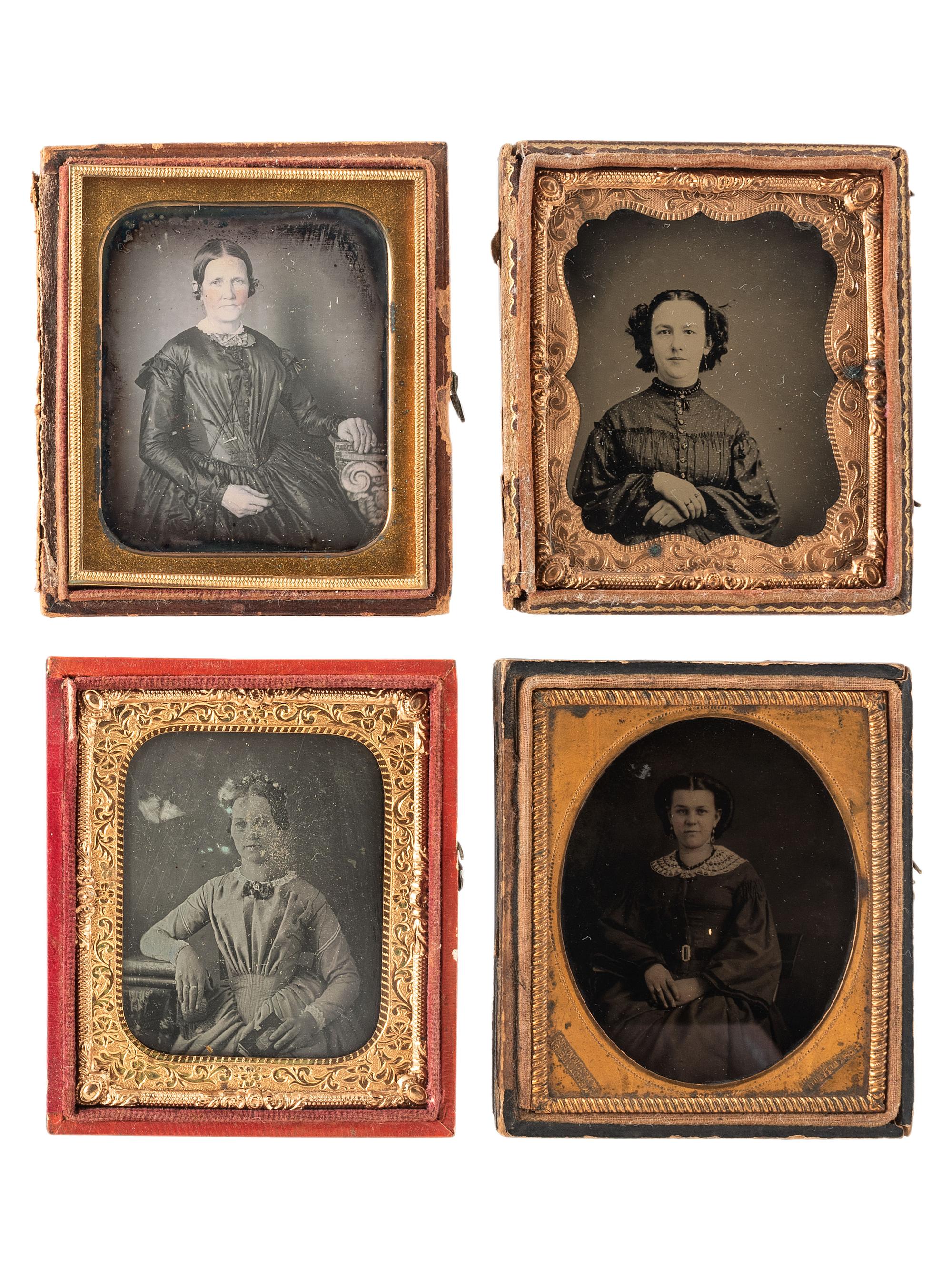 [EARLY PHOTOGRAPHY]. A group of 19 daguerreotypes, ambrotypes, tintypes, and CDVs featuring women, a family, and couples, highlighted by half plate daguerreotype of a young couple.