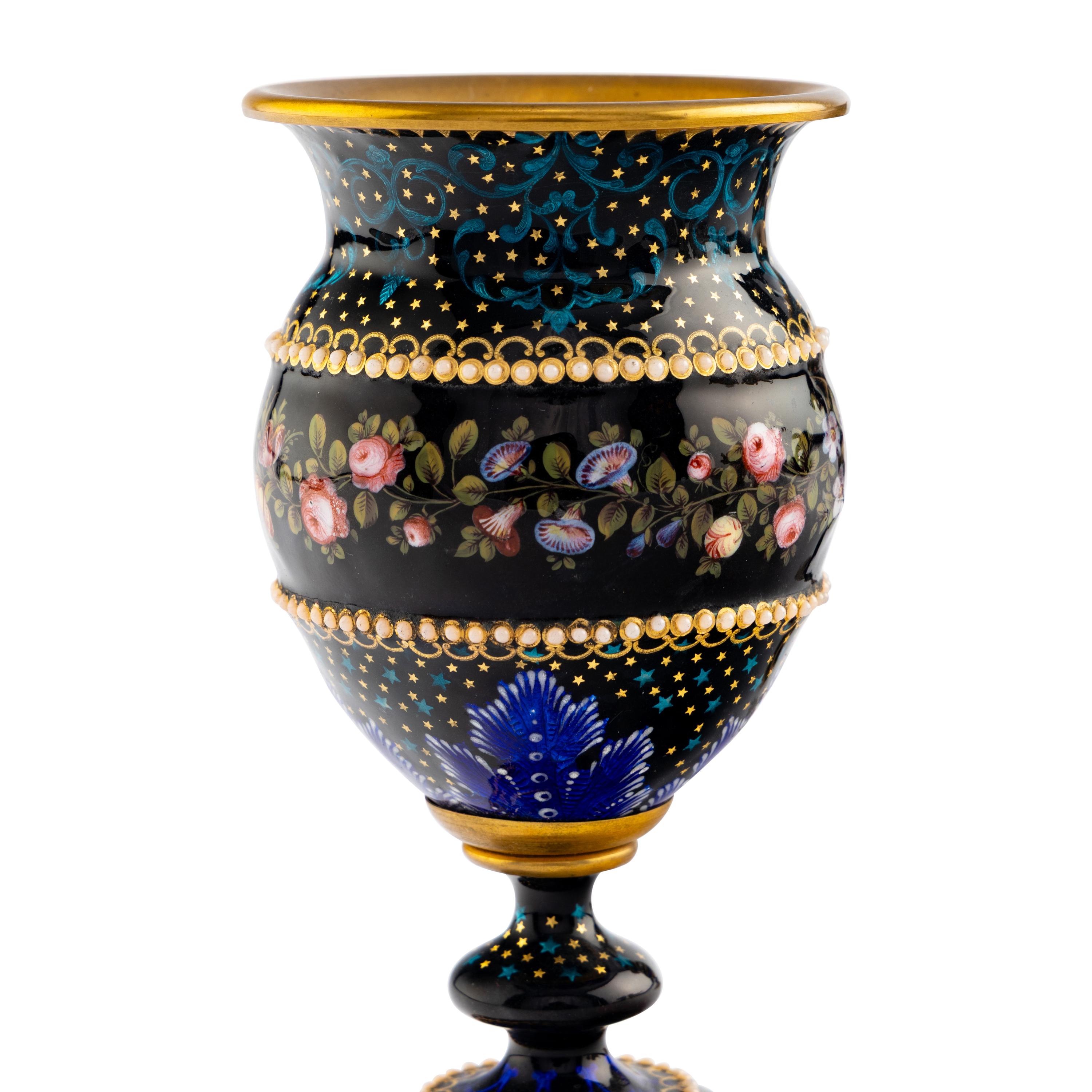 A Pair of French Enameled Copper Small Vases