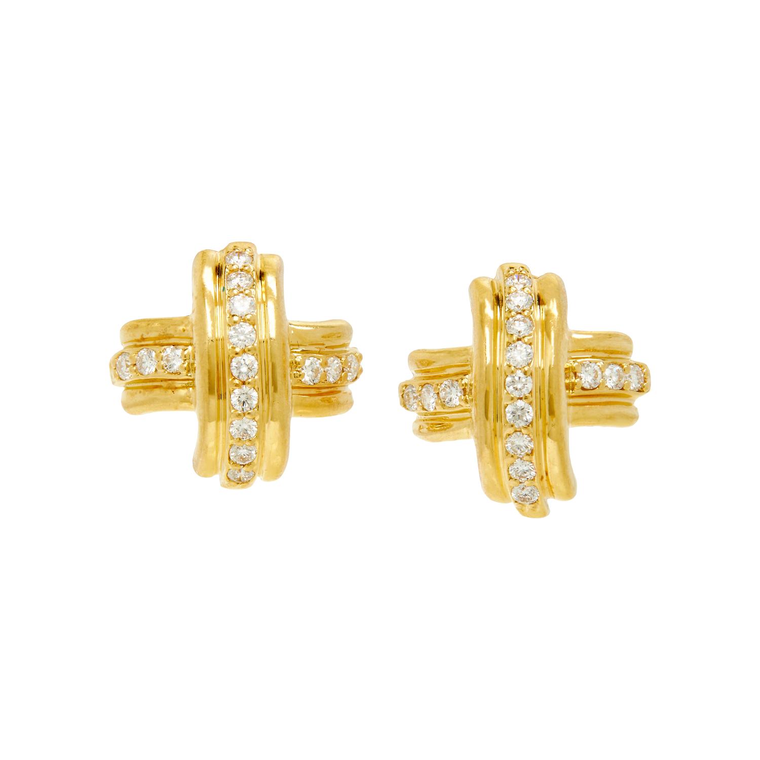 TIFFANY & CO., YELLOW GOLD AND DIAMOND 'X' CLIP EARRINGS