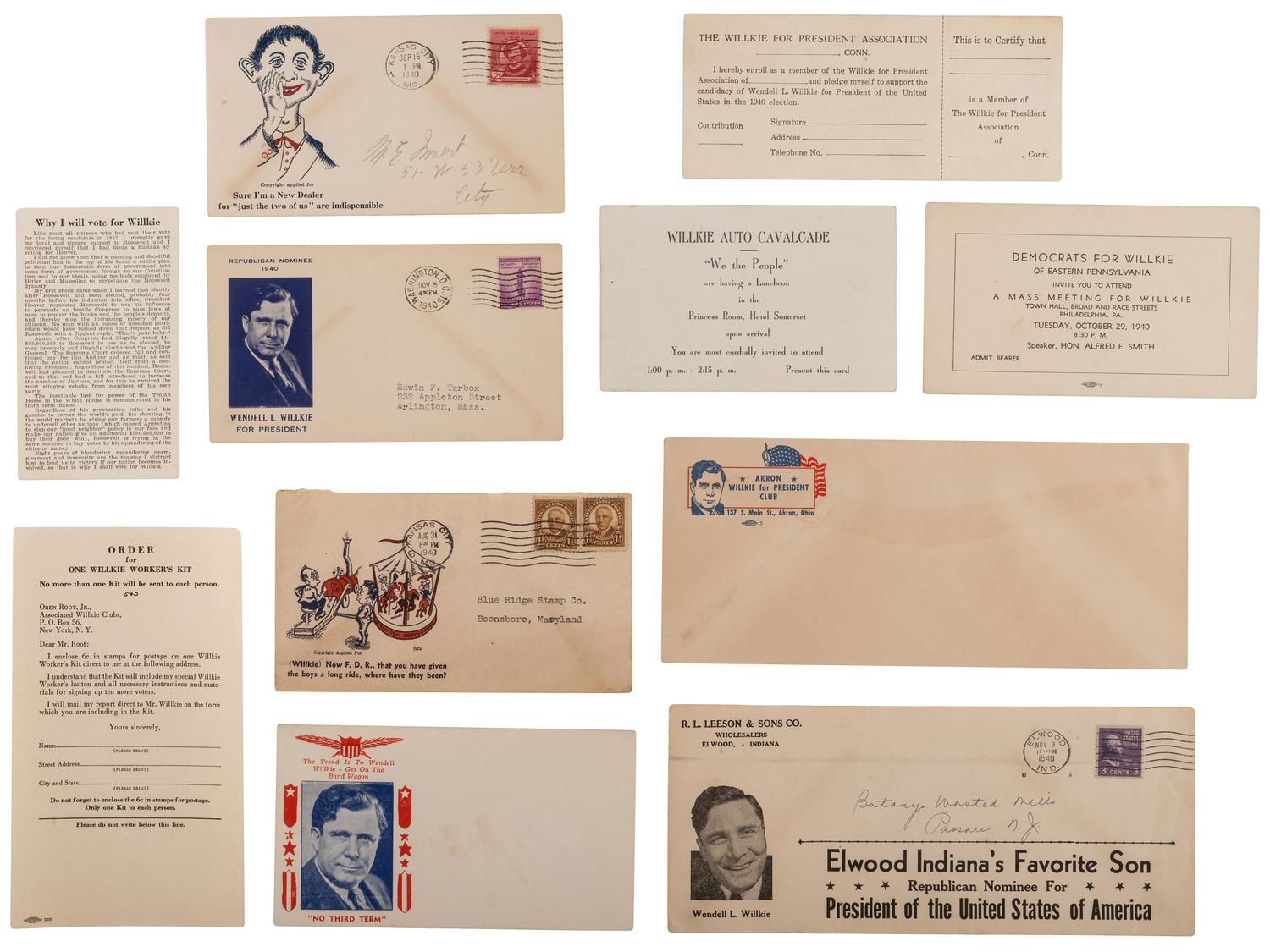 [WILLKIE, Wendell (1892-1944)]. A group of photographs, tickets, publications, sheet music, and other ephemera related Willkie's 1940 presidential nomination and campaign.