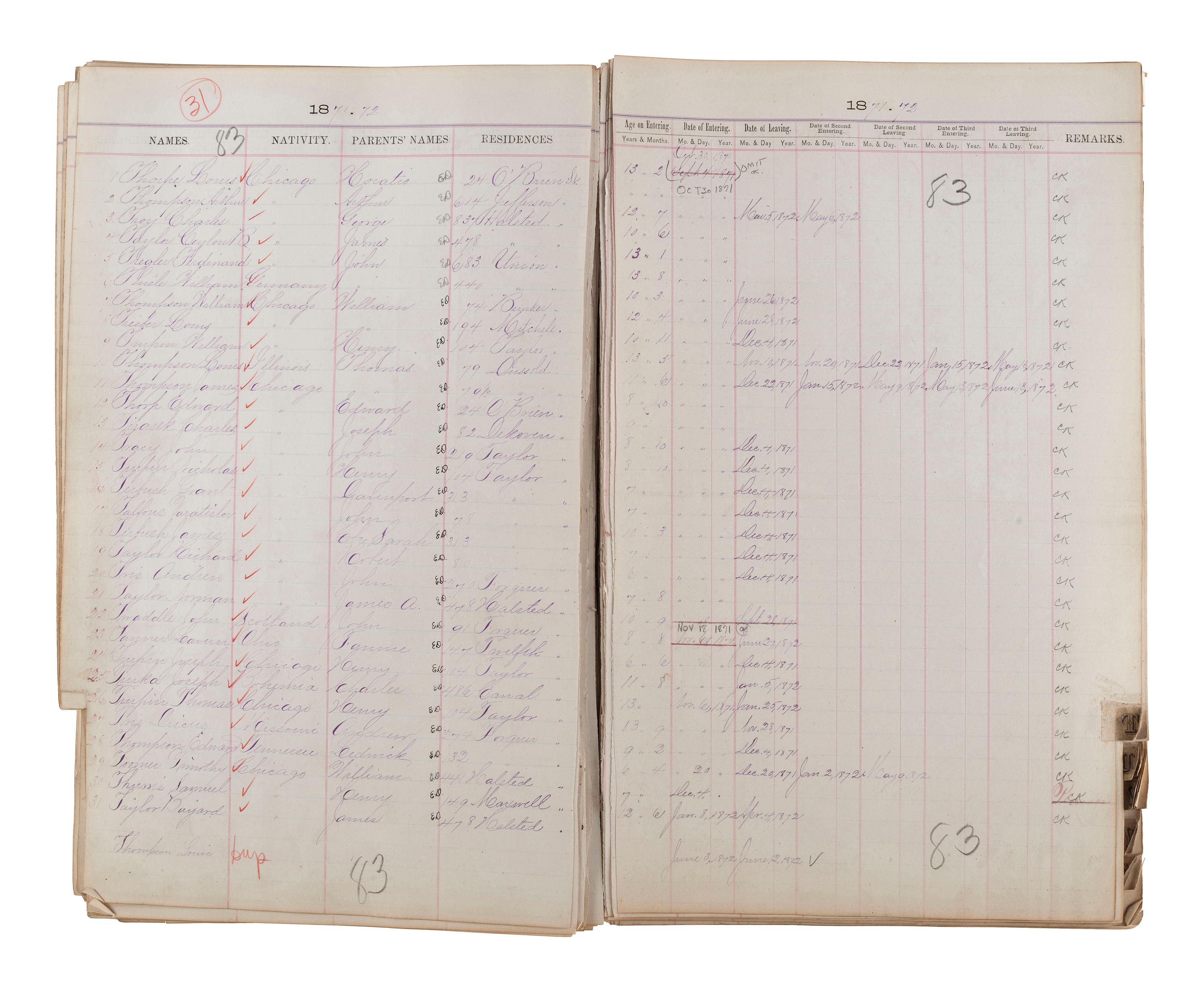 [CHICAGO FIRE]. Register of Admissions and Discharges in the Foster School, Chicago, Illinois, 1871-1872.