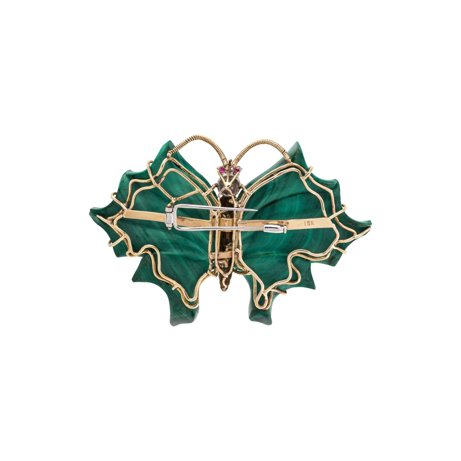 MALACHITE, DIAMOND AND RUBY BUTTERFLY BROOCH