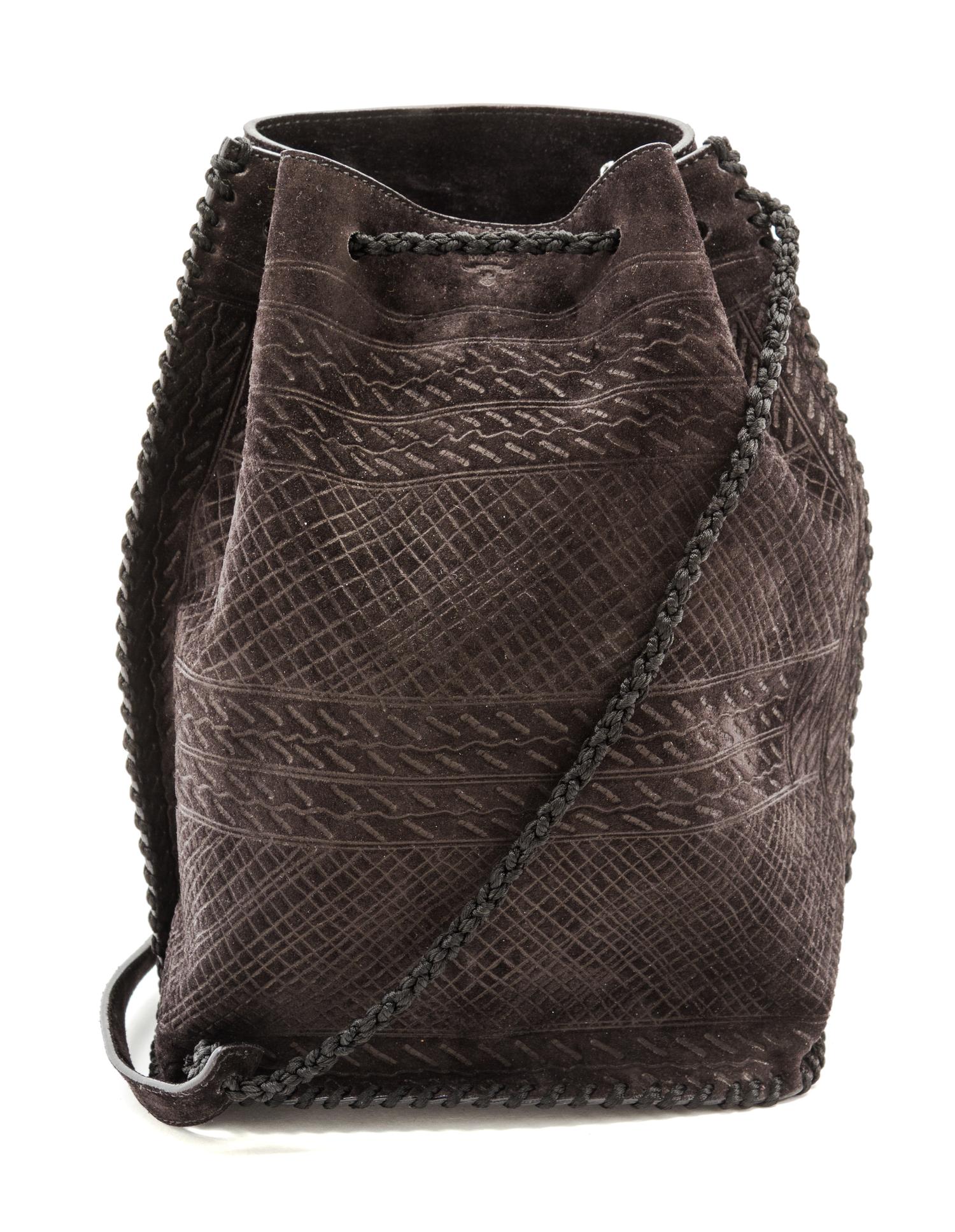 A Prada Black Embossed Suede Bucket Bag, 11 x 7 1/2 x 4 1/2 inches.