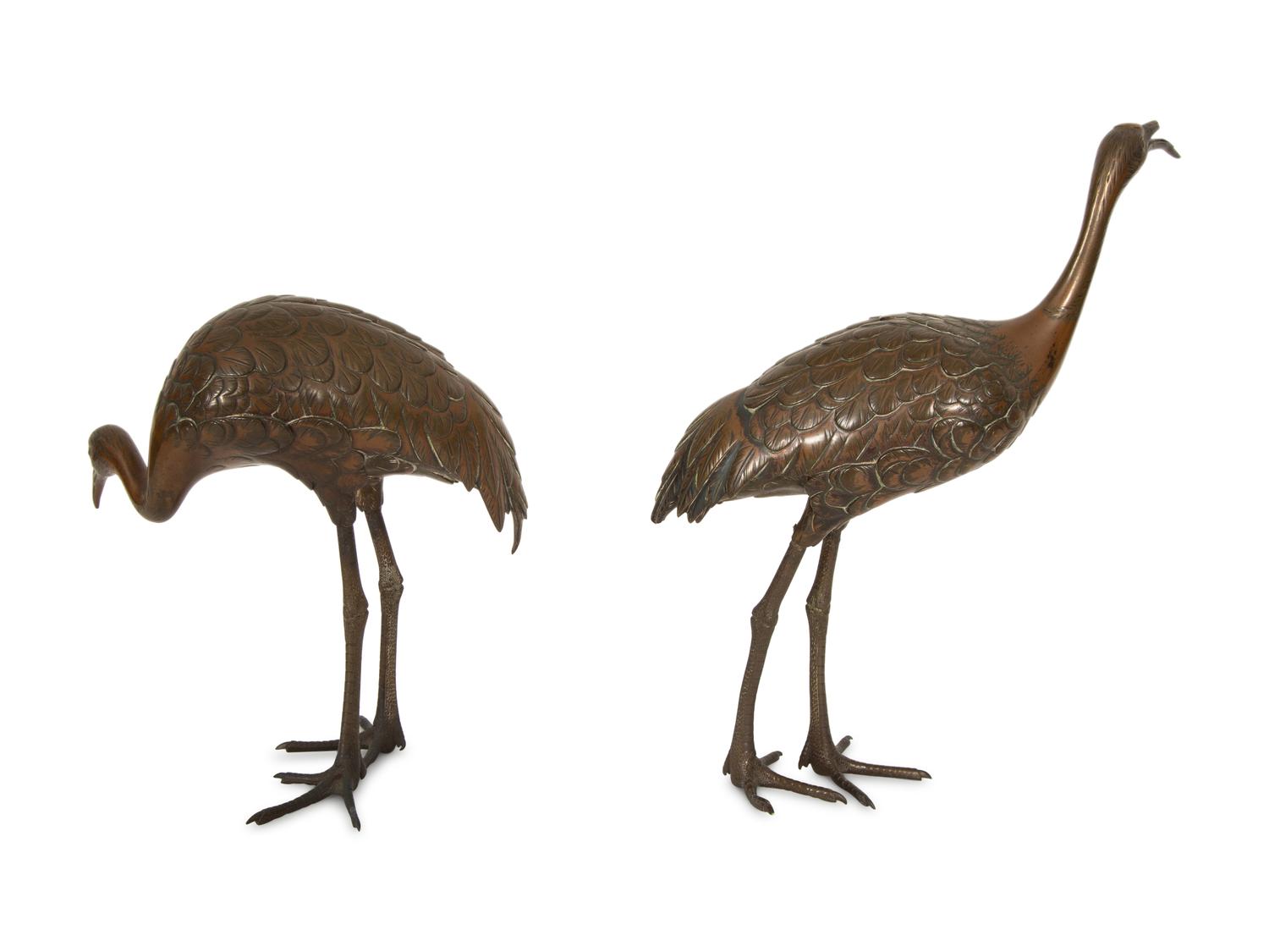A Pair of Japanese Bronze Figures of Cranes