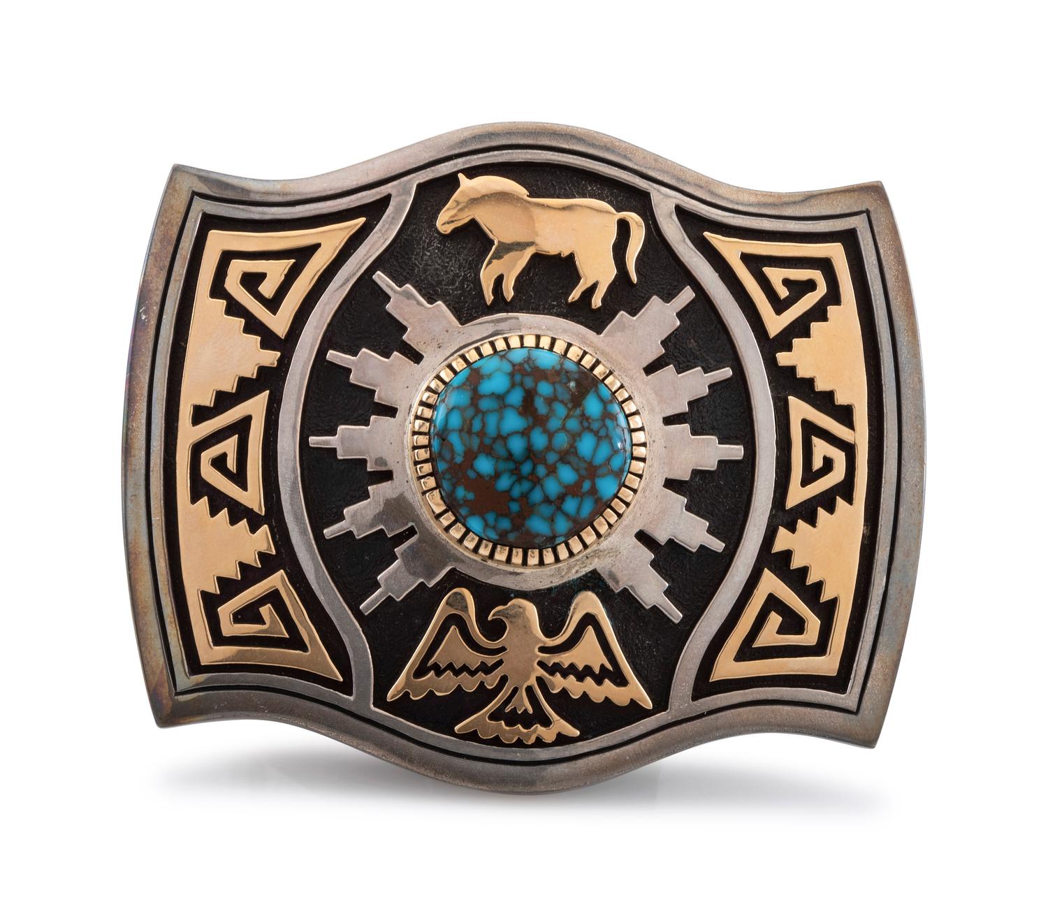 Sterling Silver and 14K Gold Overlay Belt Buckle, with a High Grade Turquoise Cabochon