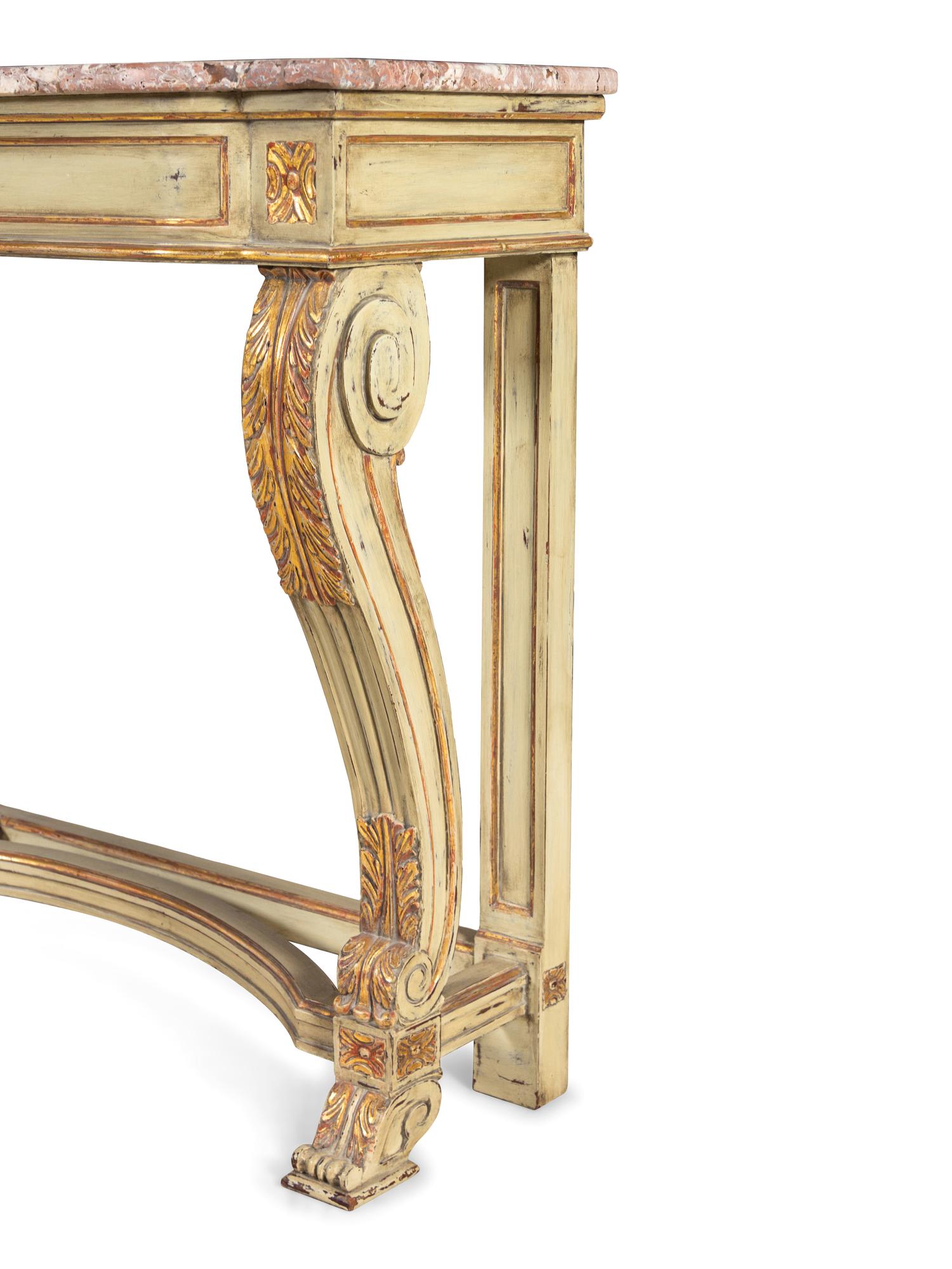 A Louis XVI Style Painted and Parcel Gilt Marble-Top Console Table