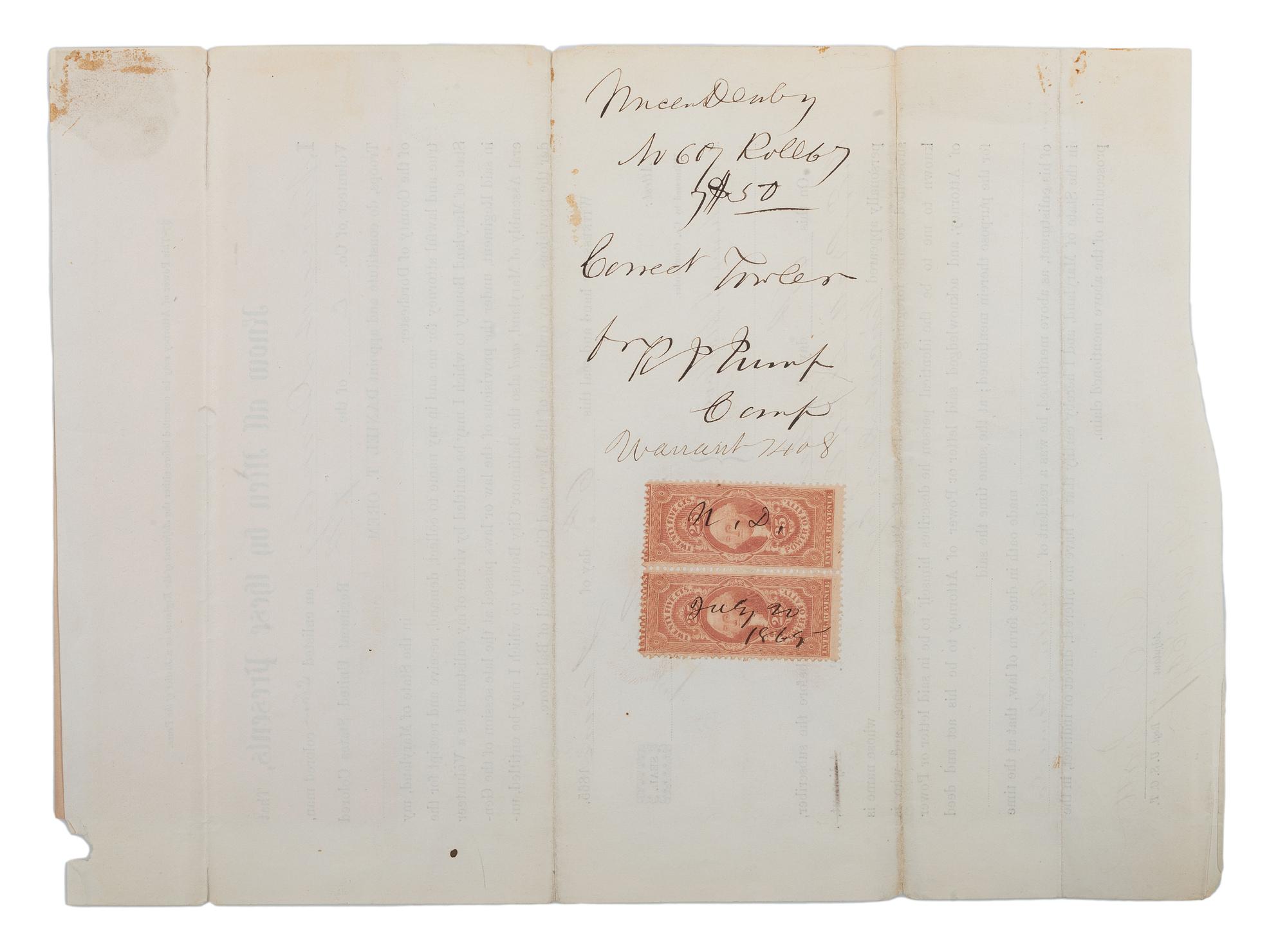 [CIVIL WAR]. A group of 9 documents related to the 7th US Colored Troops including muster rolls and appointments for 2nd Lieutenant Joseph M. Califf.