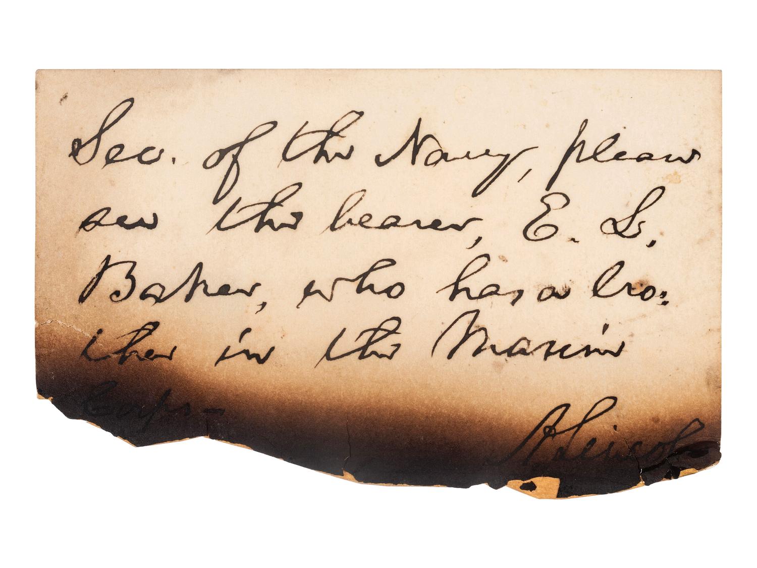 [LINCOLN & ASSOCIATES]. A group of 3 autographed items, featuring: LINCOLN, Abraham (1809-1865]. Autograph note signed ("A. Lincoln"). Addressed to "Sec. of the Navy." N.p. n.d.