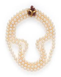 THREE STRAND CULTURED PEARL AND RUBY NECKLACE